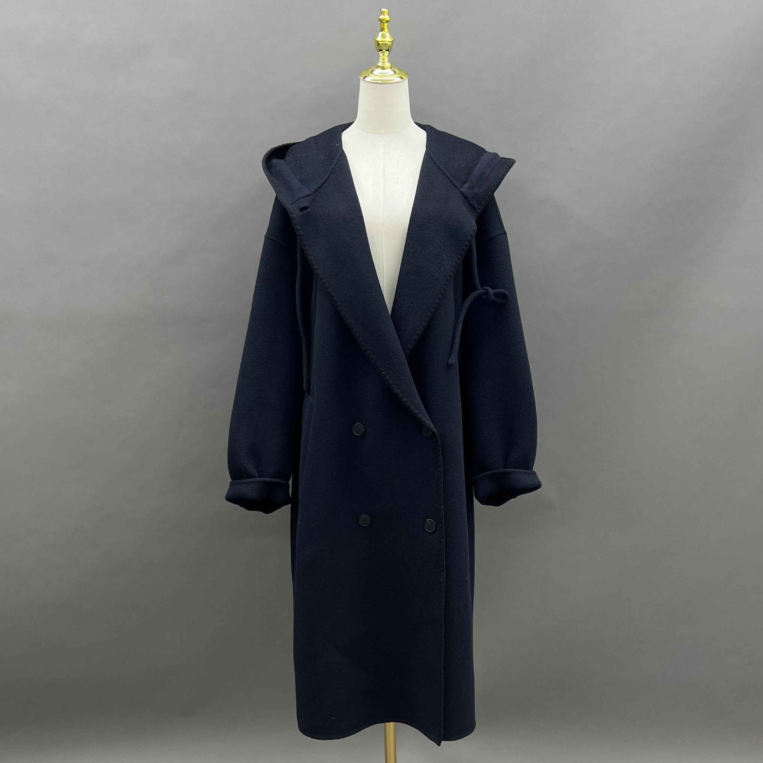Women's Navy Blue Double - Sided Cashmere Hooded Coat