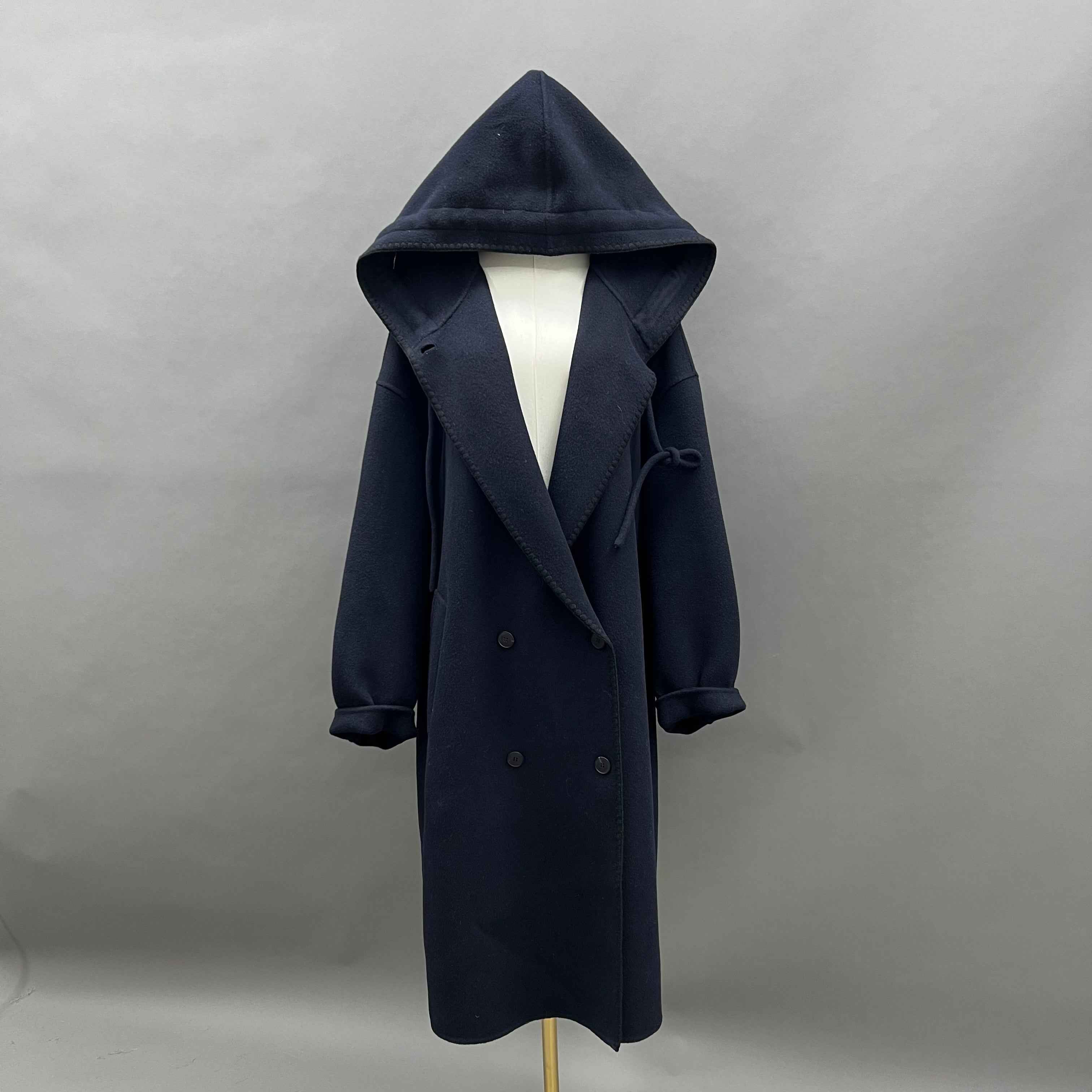 Women's Navy Blue Double - Sided Cashmere Hooded Coat