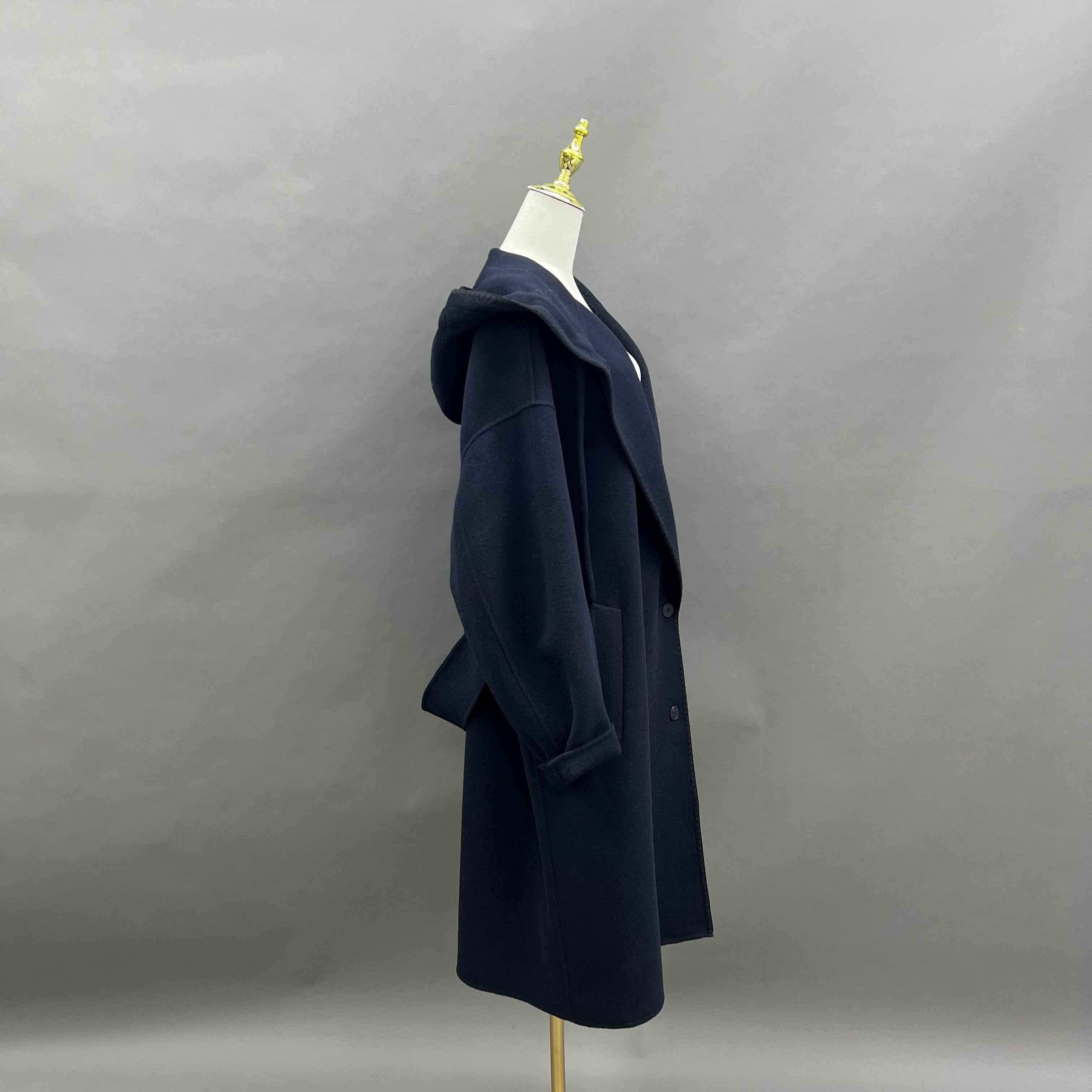 Women's Navy Blue Double - Sided Cashmere Hooded Coat
