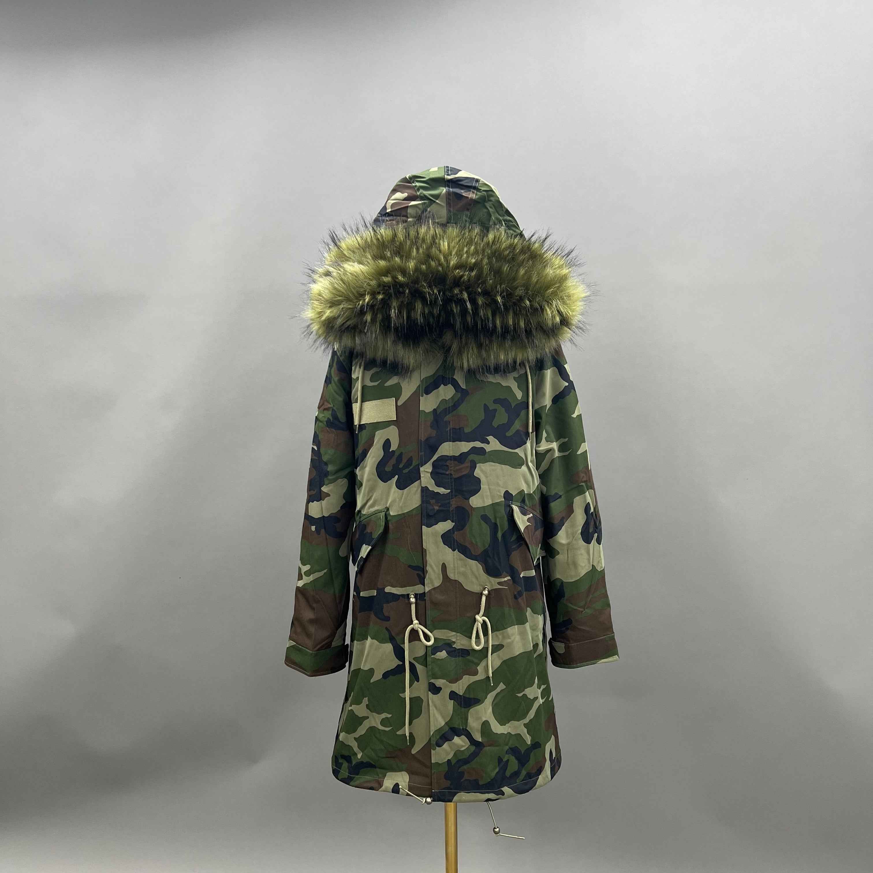 Women's Camouflage Faux Raccoon Fur Parka – Winter Jacket with Fake Fur Hood & Cuffs, Warm Outdoor Coat for Cold Weather