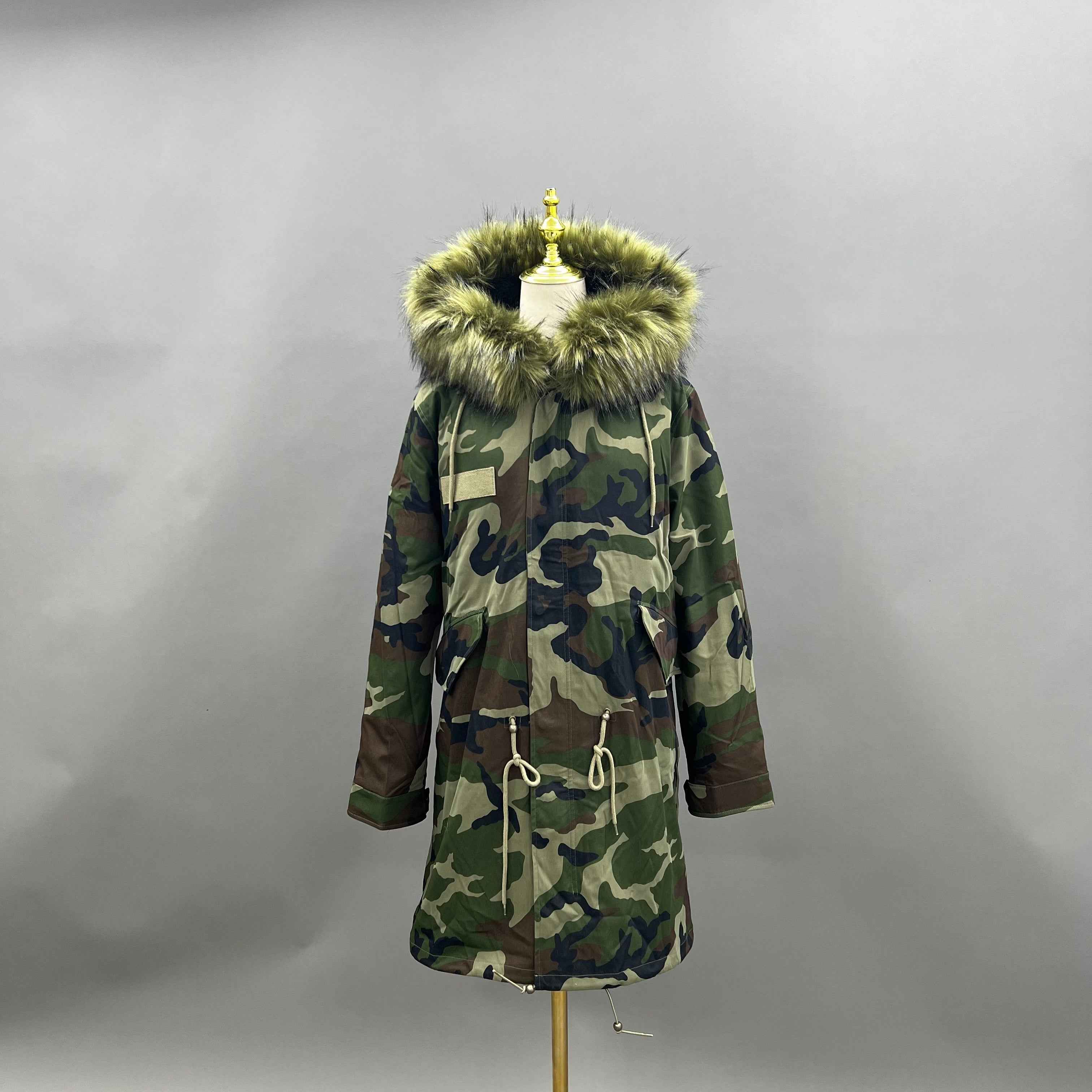 Women's Camouflage Faux Raccoon Fur Parka – Winter Jacket with Fake Fur Hood & Cuffs, Warm Outdoor Coat for Cold Weather