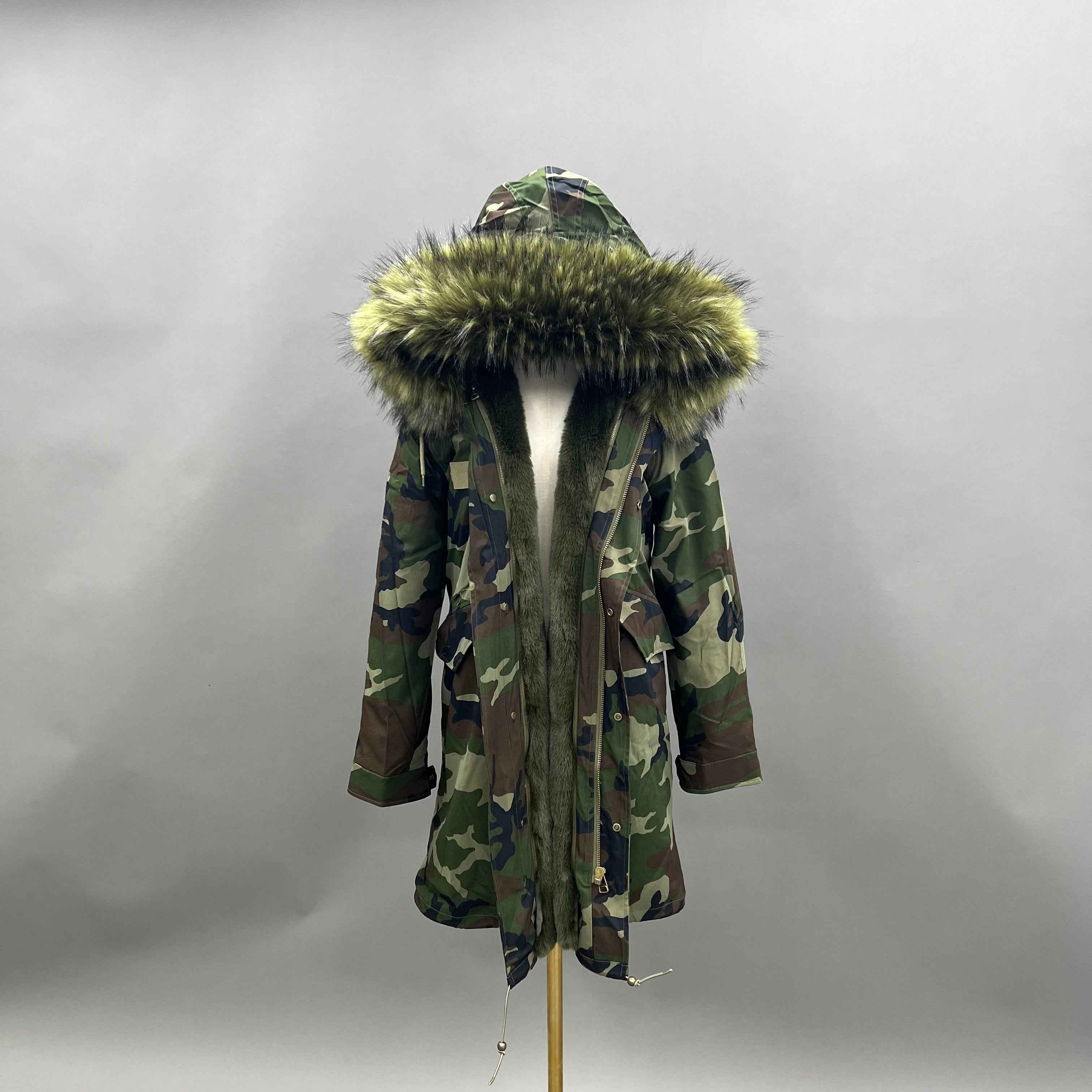 Women's Camouflage Faux Raccoon Fur Parka – Winter Jacket with Fake Fur Hood & Cuffs, Warm Outdoor Coat for Cold Weather Green