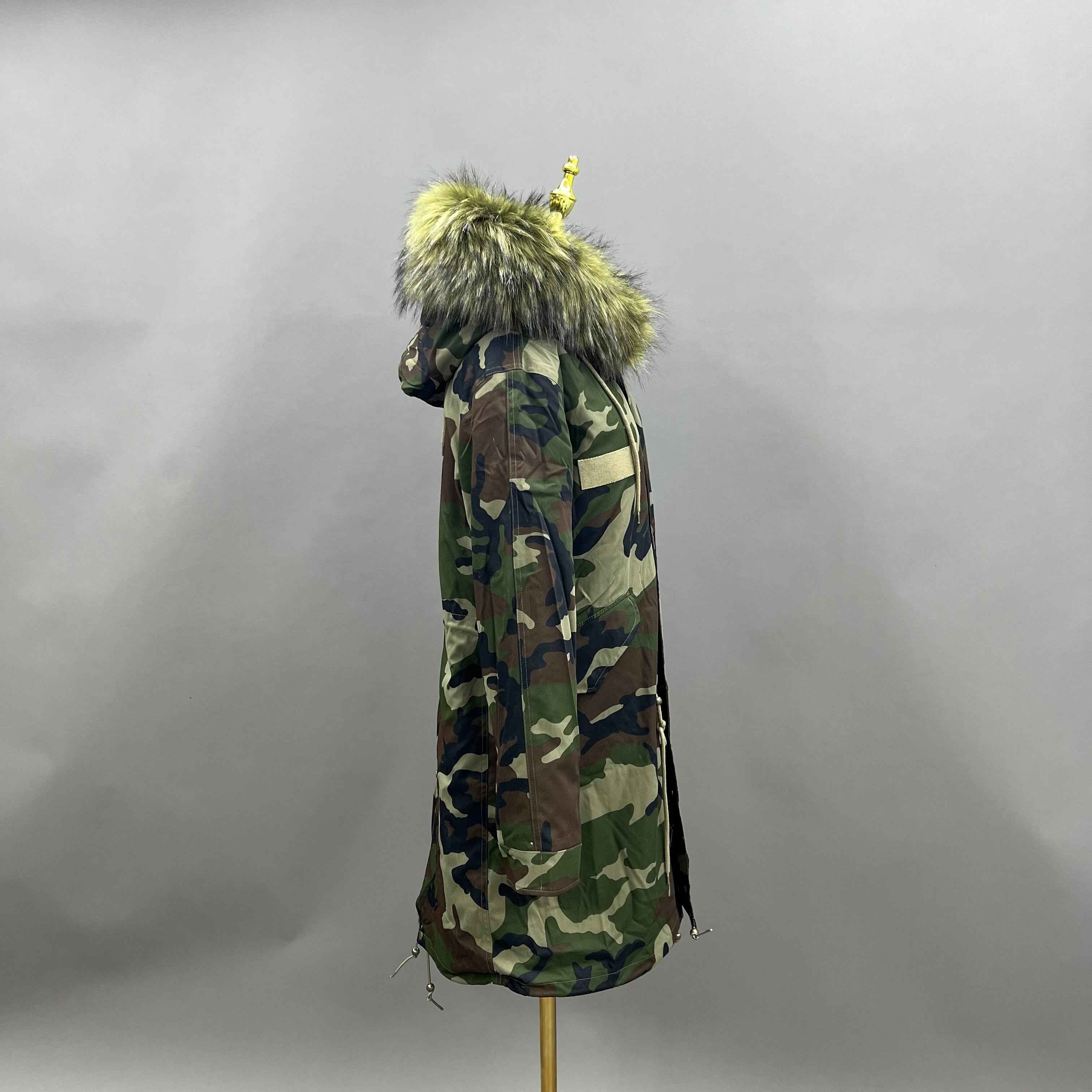 Women's Camouflage Faux Raccoon Fur Parka – Winter Jacket with Fake Fur Hood & Cuffs, Warm Outdoor Coat for Cold Weather