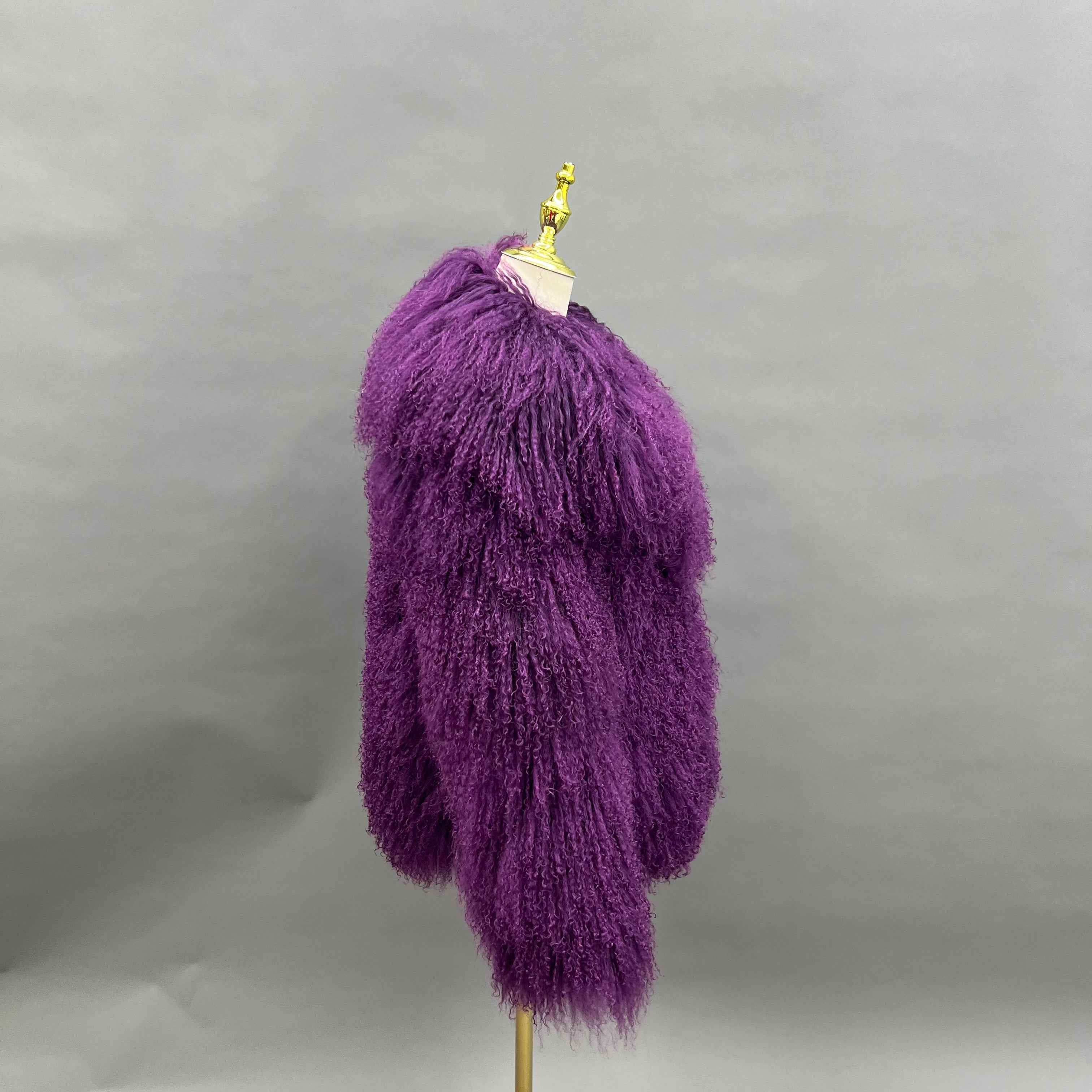 Women's Royal Purple Mongolian Lamb Fur Coat – Notch Lapel, Mid-Length, Stylish Winter Outerwear for Women