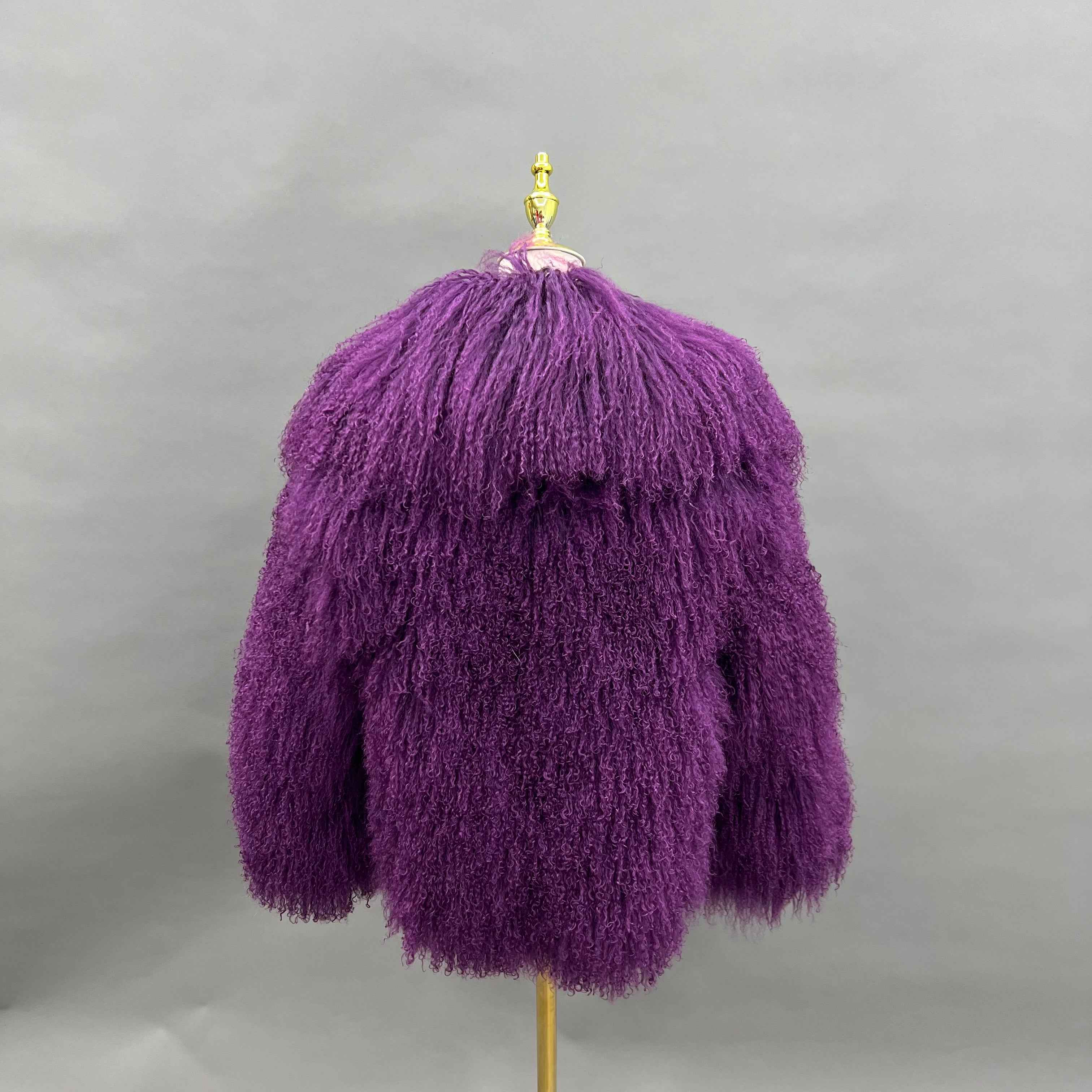 Women's Royal Purple Mongolian Lamb Fur Coat – Notch Lapel, Mid-Length, Stylish Winter Outerwear for Women