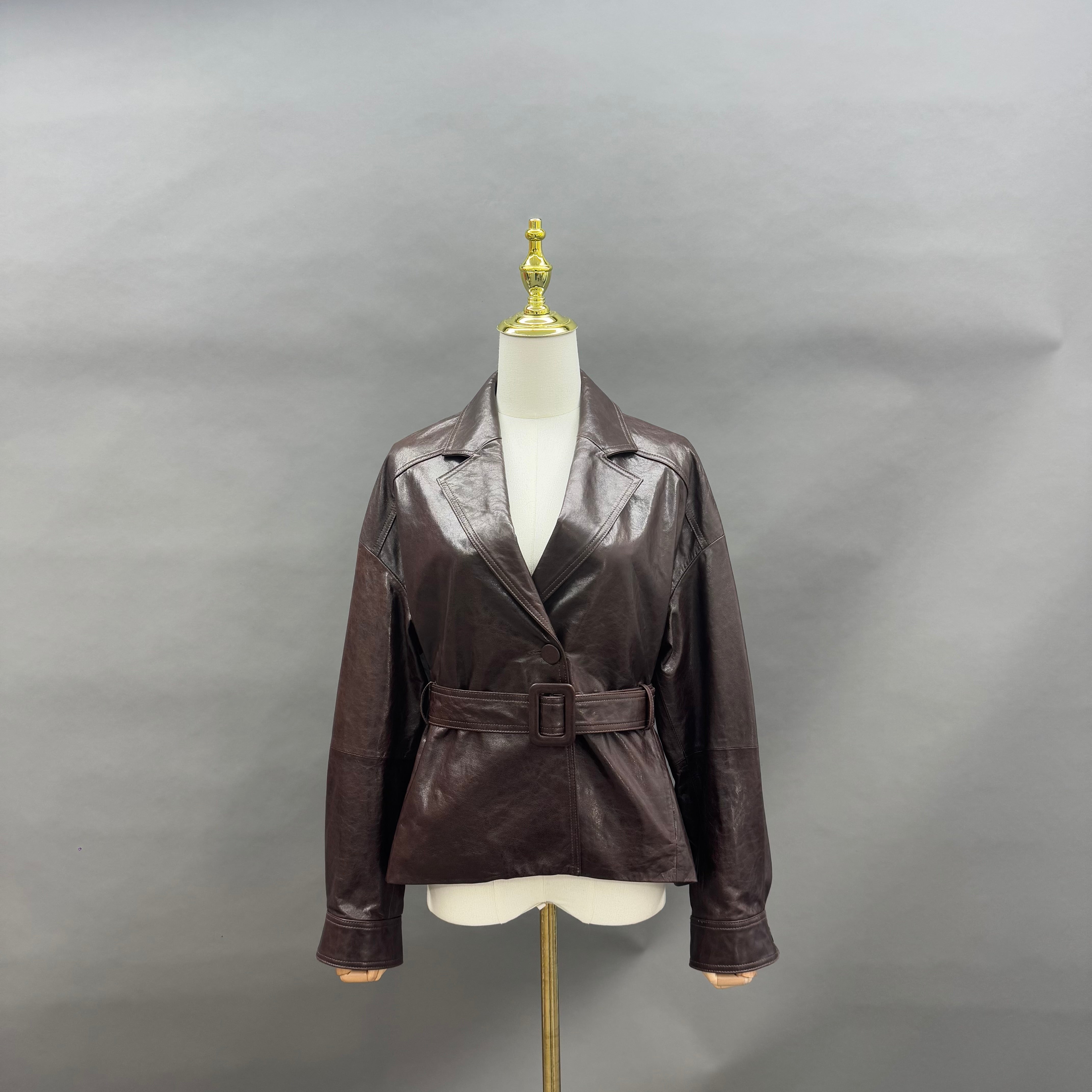 Women’s Brown Leather Blazer Jacket with Belted Waist – Double-Lapel Short Coat for Elegant Winter Fashion Brown