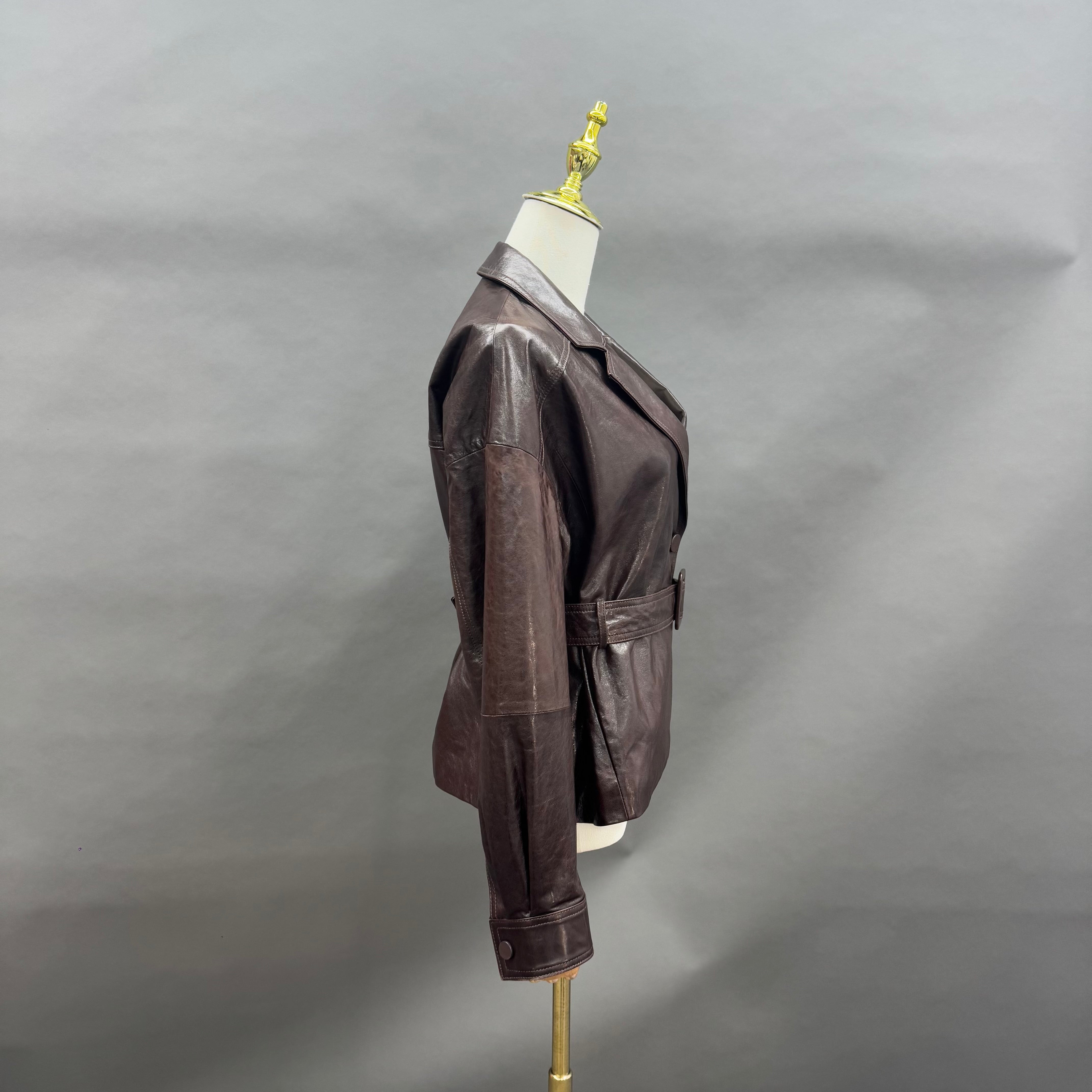 Women’s Brown Leather Blazer Jacket with Belted Waist – Double-Lapel Short Coat for Elegant Winter Fashion