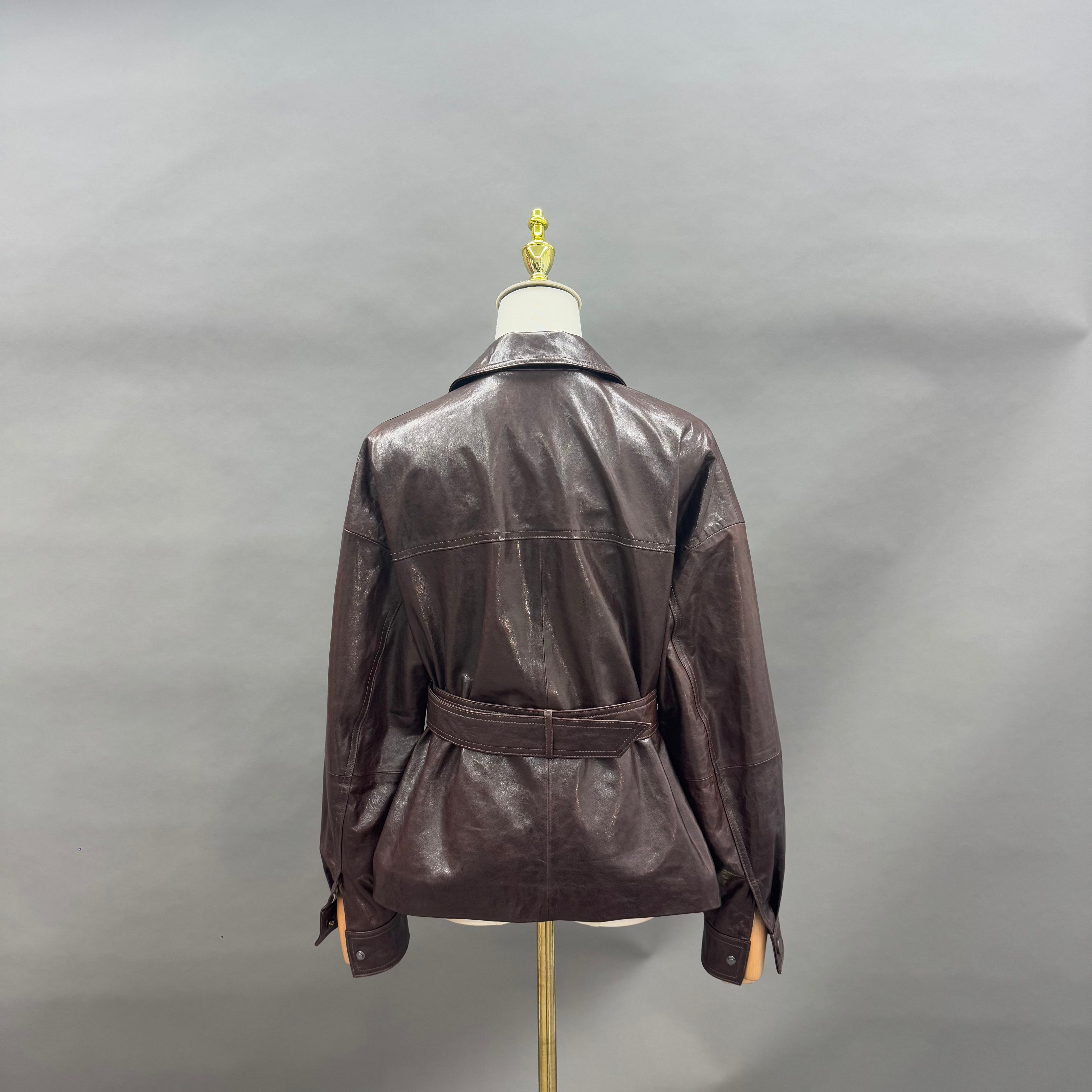 Women’s Brown Leather Blazer Jacket with Belted Waist – Double-Lapel Short Coat for Elegant Winter Fashion