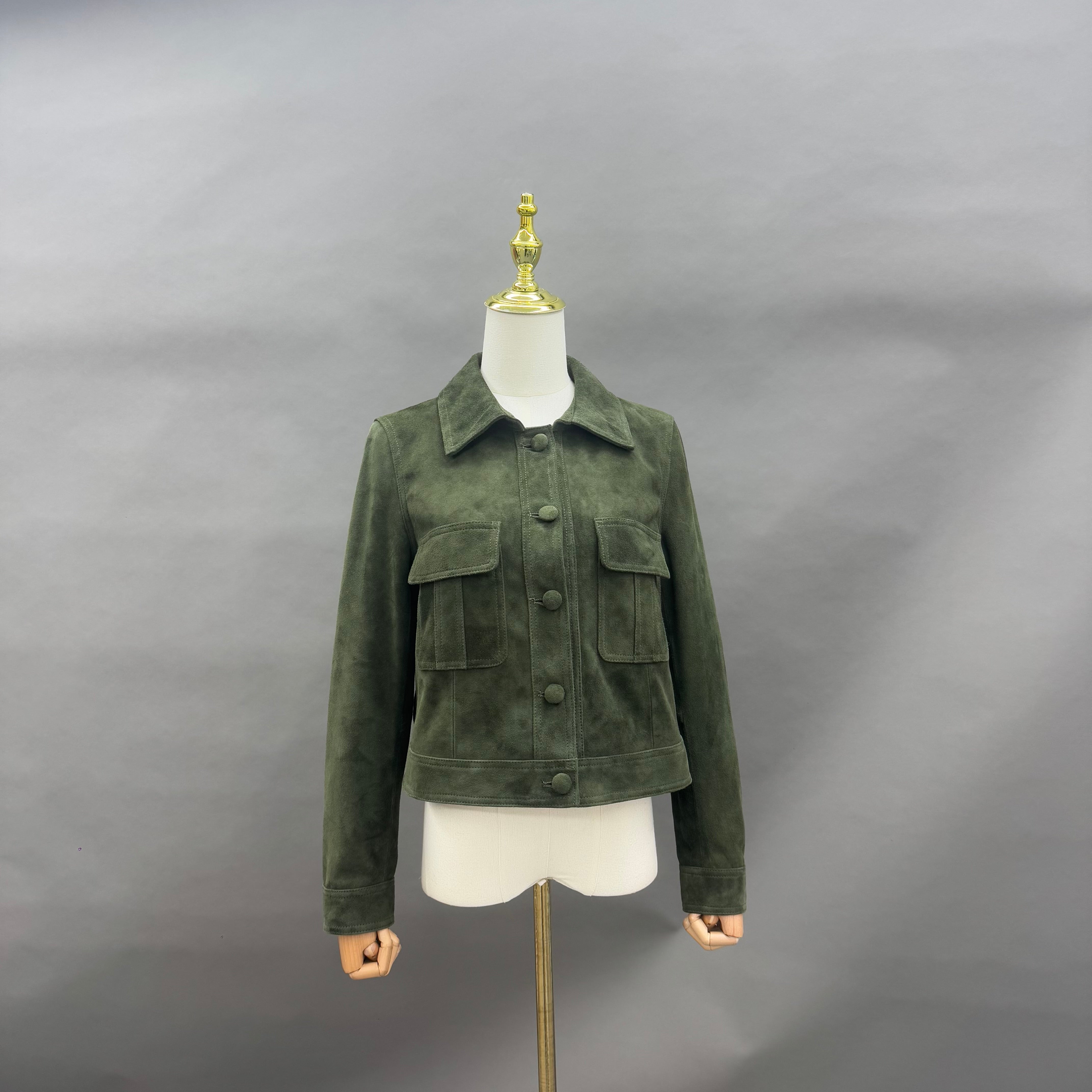 Women’s Olive Green Suede Utility Jacket – Classic Military-Style Short Coat with Flap Pockets for Autumn Winter Fashion Green