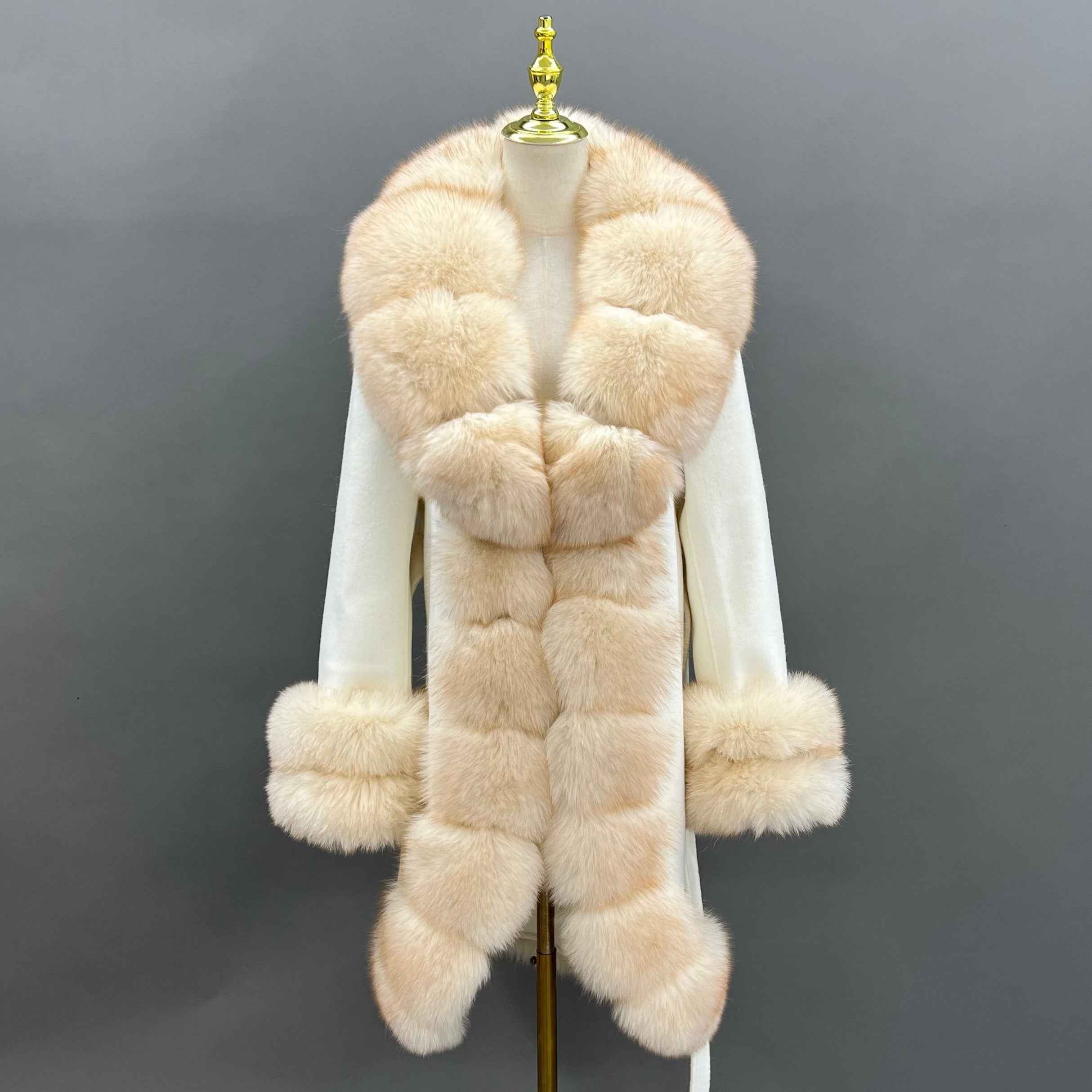 Luxury Double - Sided Cashmere Coat with Fox Fur Trim - Elegant Lapel, Cuffs, Hem & Placket Design