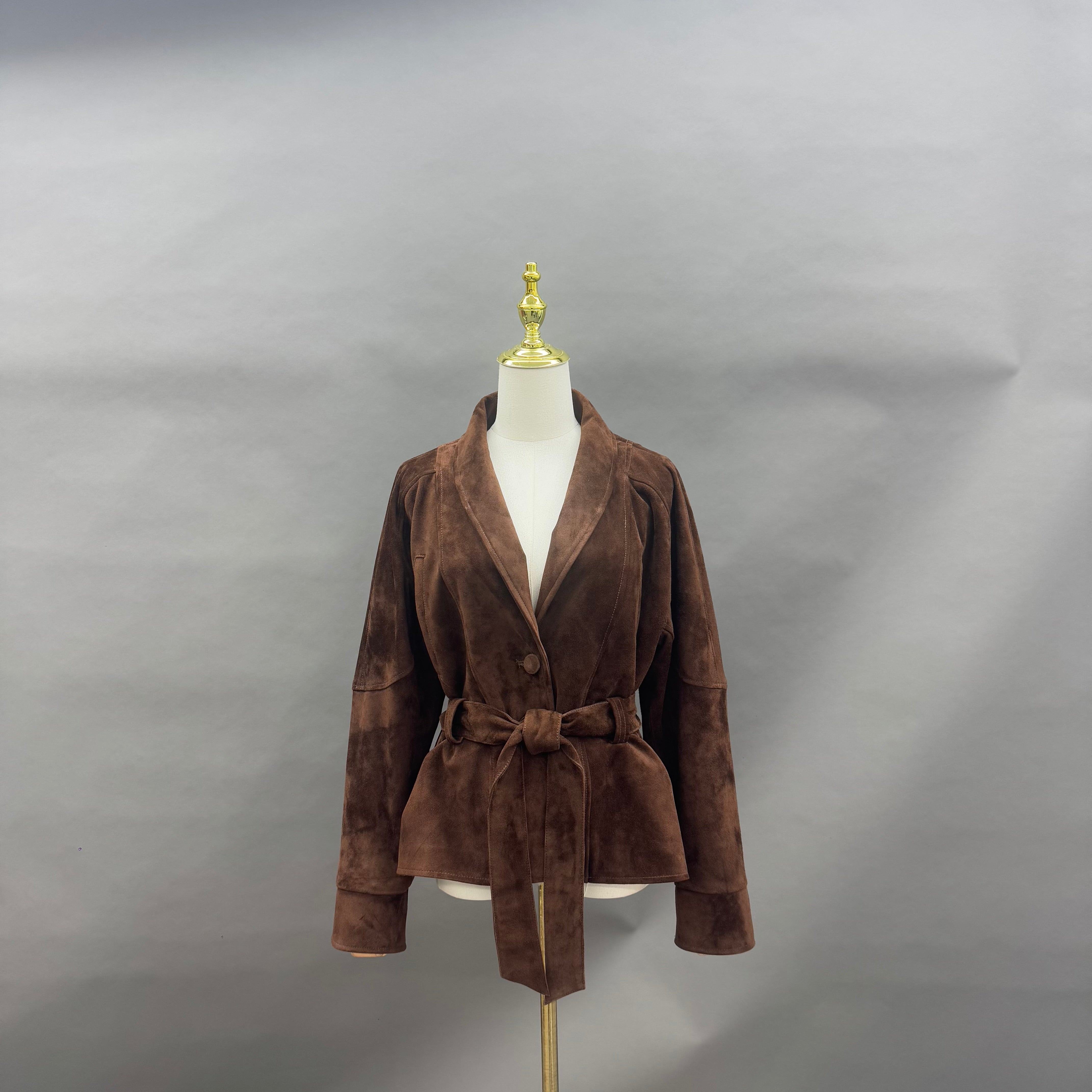 Women’s Brown Suede Wrap Jacket with Tie Waist – V-Neck Short Coat for Elegant Autumn Winter Fashion Brown