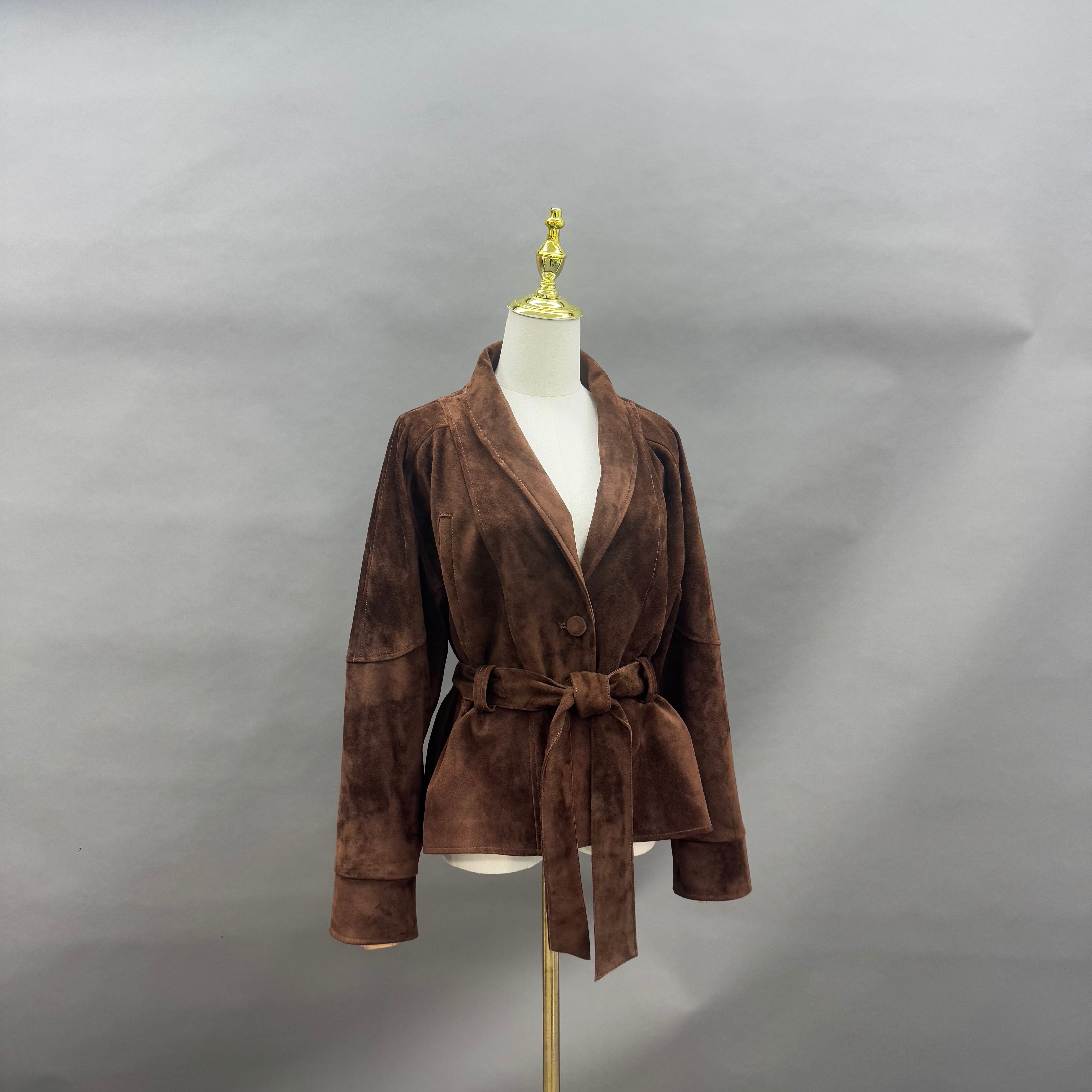 Women’s Brown Suede Wrap Jacket with Tie Waist – V-Neck Short Coat for Elegant Autumn Winter Fashion