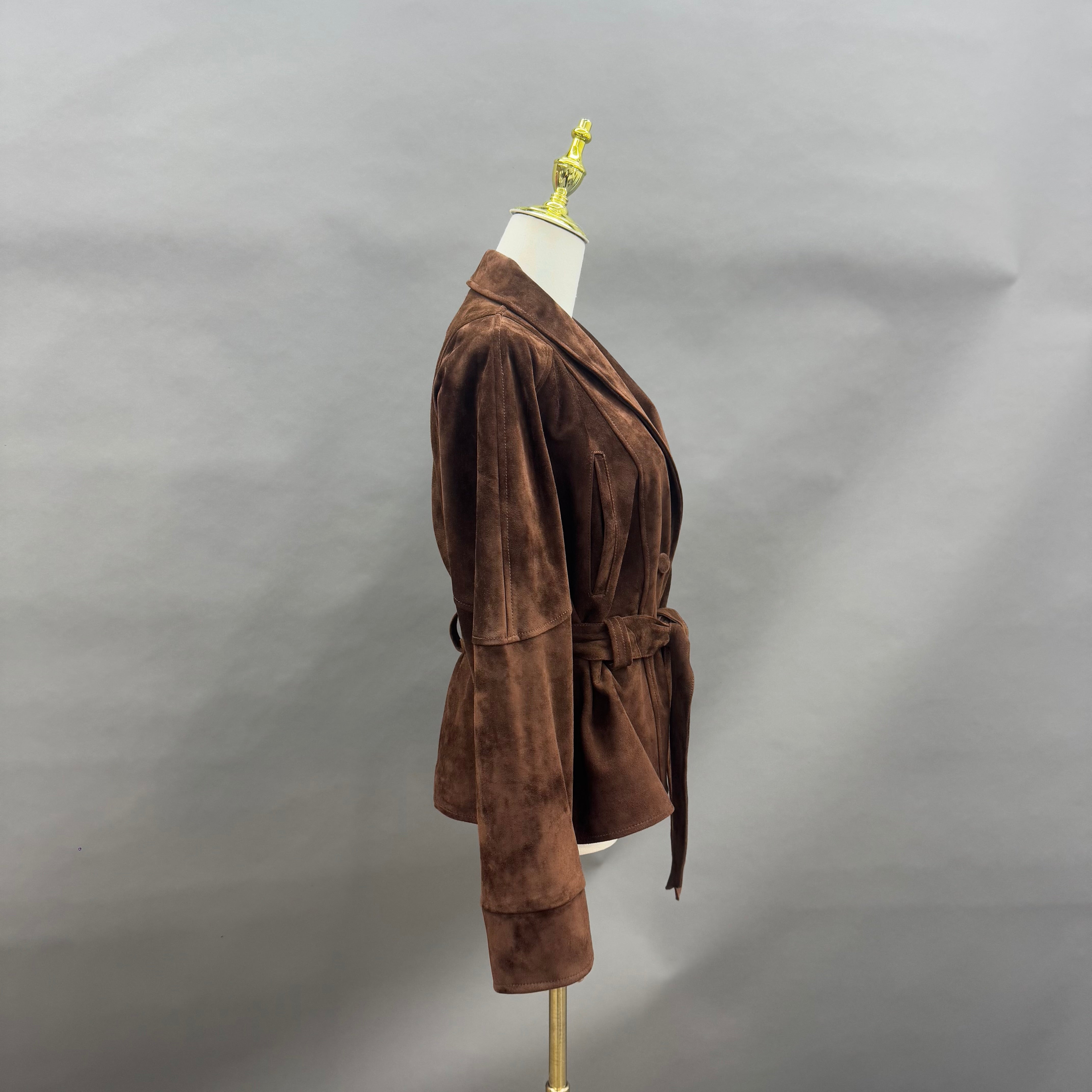 Women’s Brown Suede Wrap Jacket with Tie Waist – V-Neck Short Coat for Elegant Autumn Winter Fashion