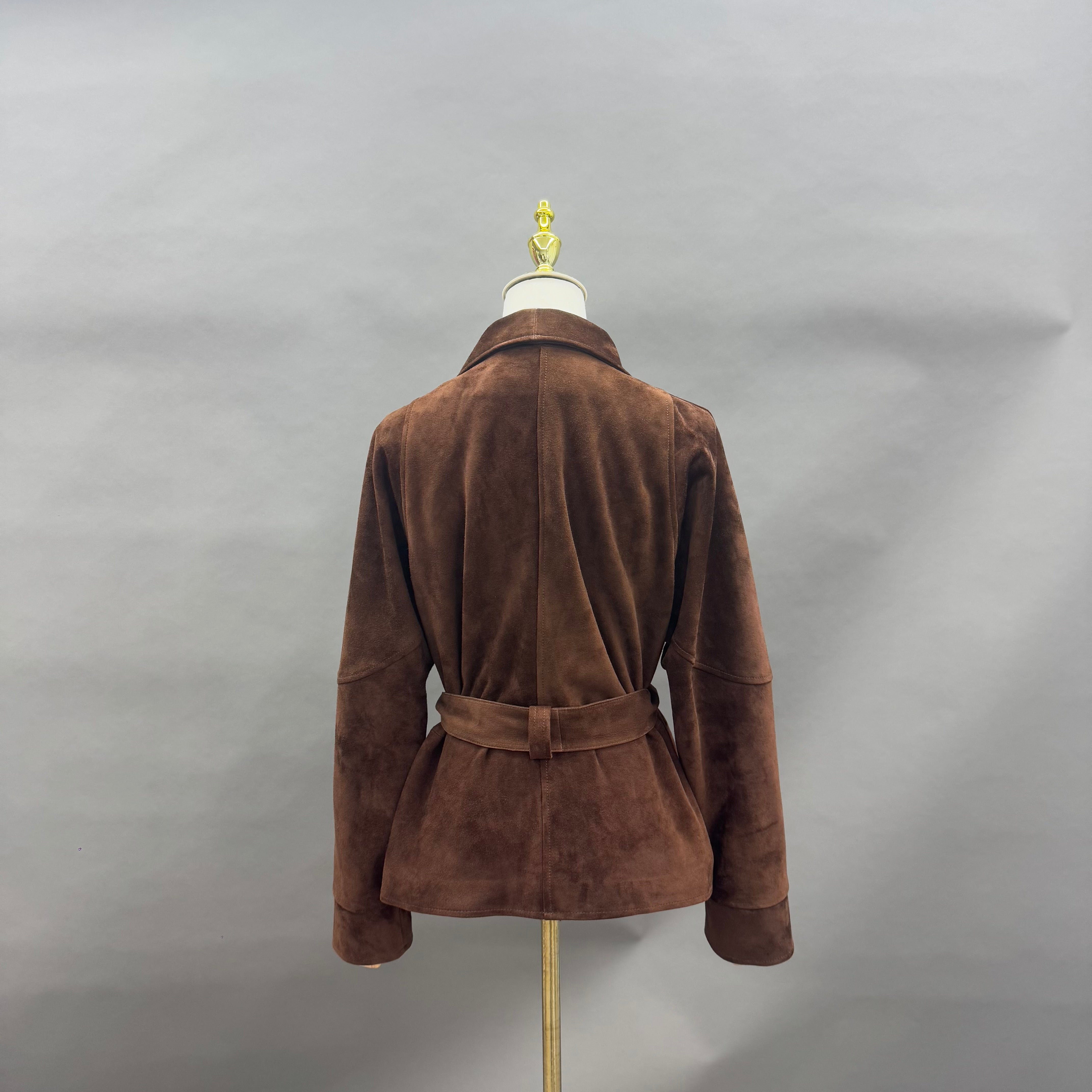 Women’s Brown Suede Wrap Jacket with Tie Waist – V-Neck Short Coat for Elegant Autumn Winter Fashion