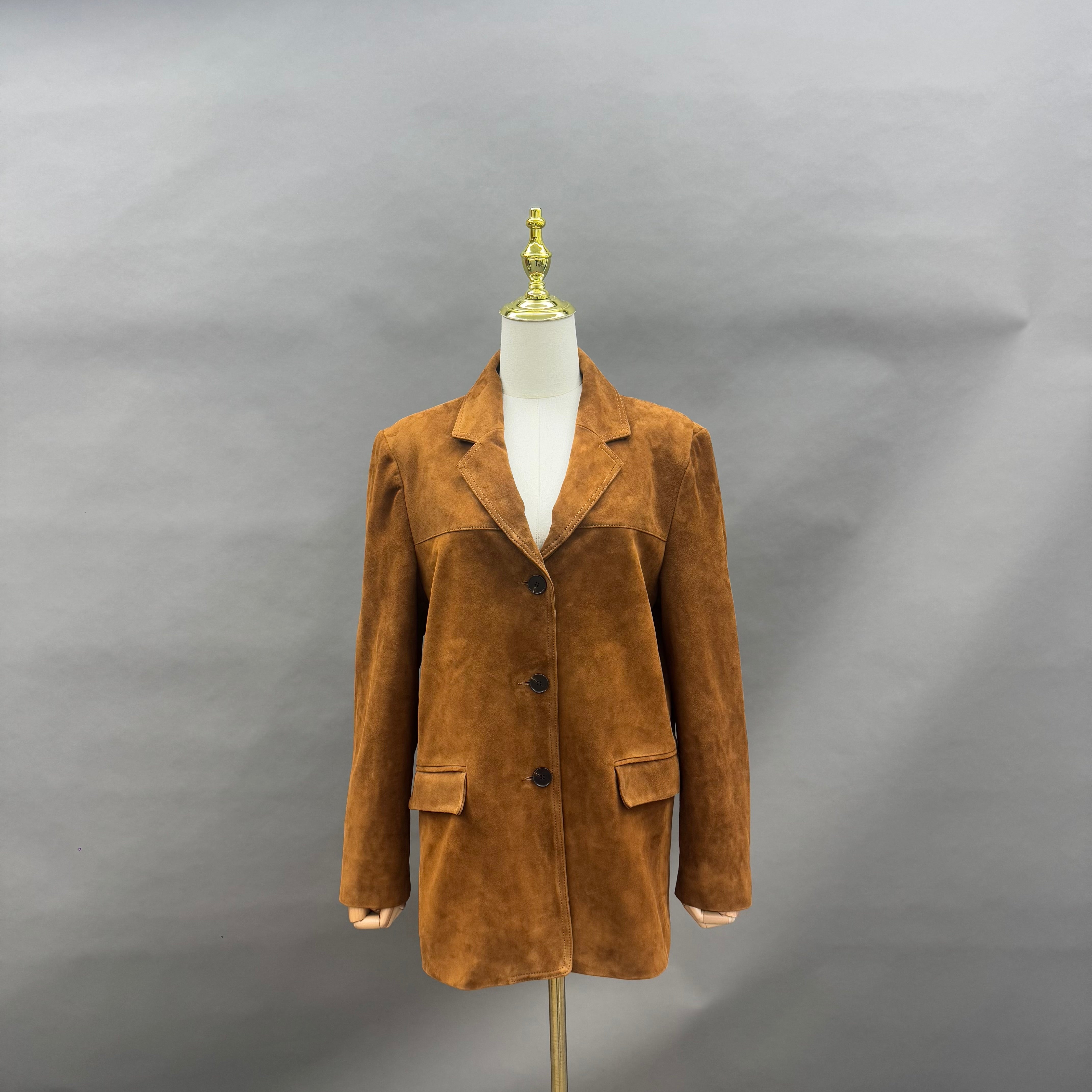 Women’s Brown Suede Blazer Jacket with Waist Tie – Classic Notched Lapel Short Coat for Elegant Autumn Winter Wear