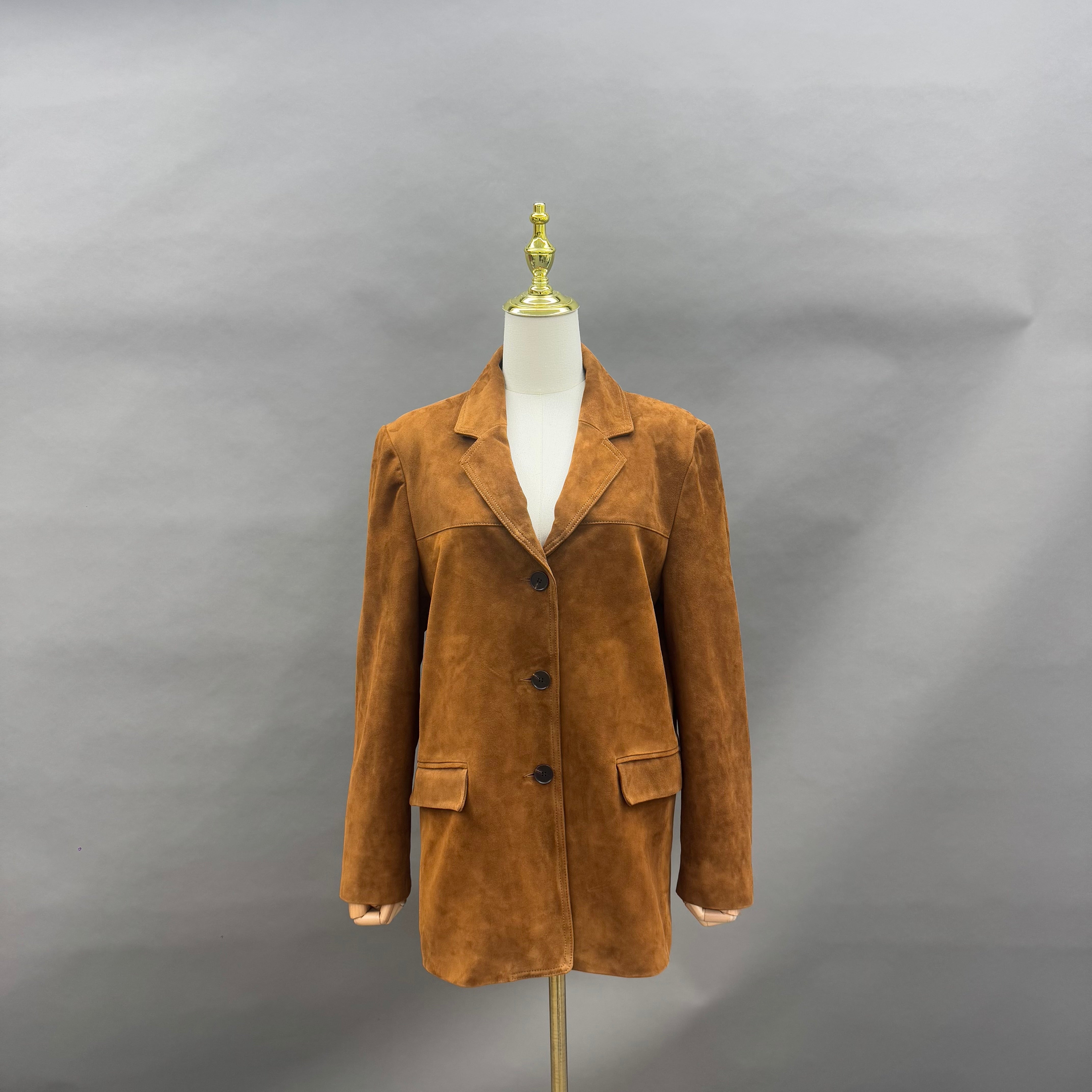 Women’s Brown Suede Blazer Jacket with Waist Tie – Classic Notched Lapel Short Coat for Elegant Autumn Winter Wear