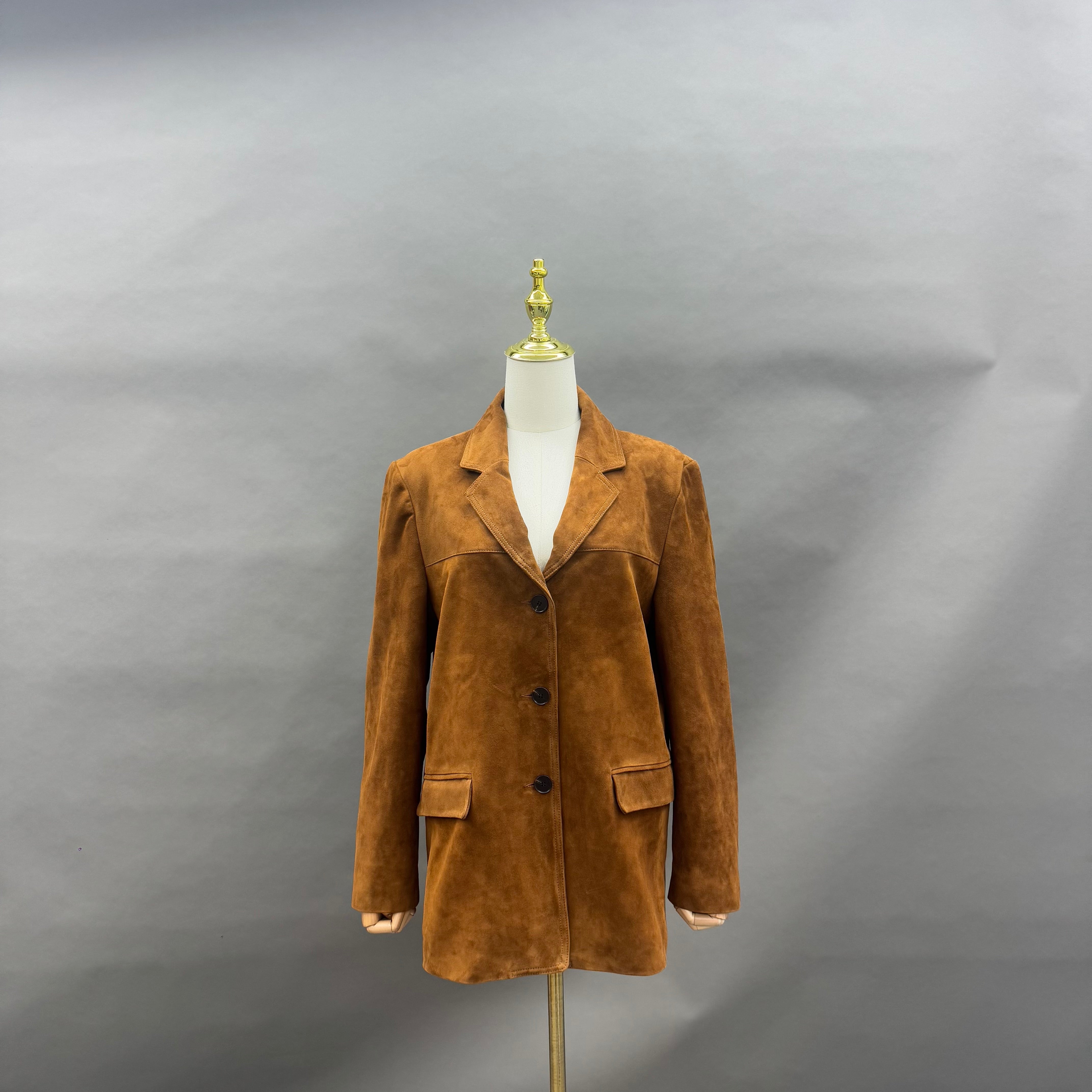 Women’s Brown Suede Blazer Jacket with Waist Tie – Classic Notched Lapel Short Coat for Elegant Autumn Winter Wear Brown
