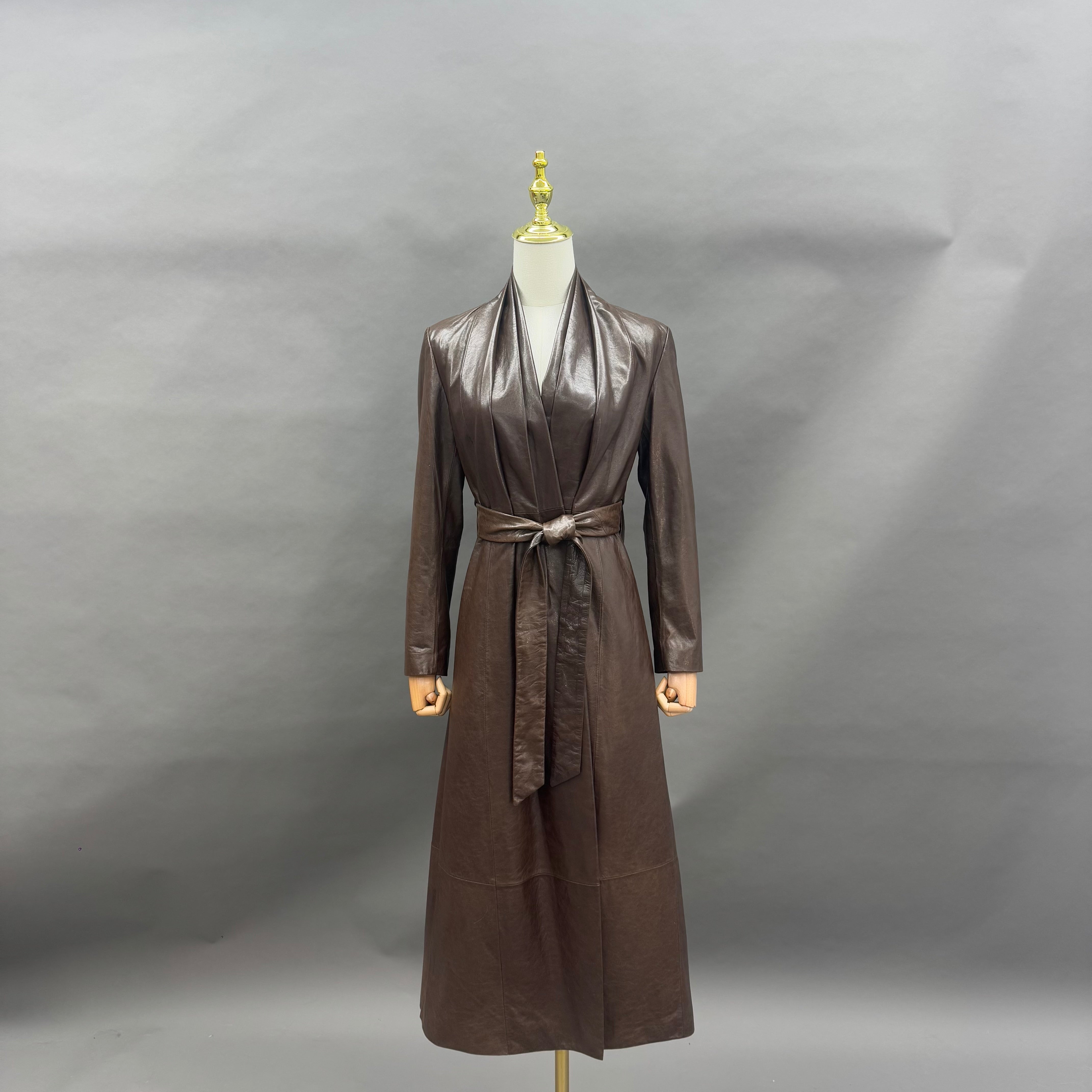Women’s Long Brown Leather Wrap Coat with Tie Waist – Elegant V-Neck Trench Style Outerwear for Winter Fashion Brown