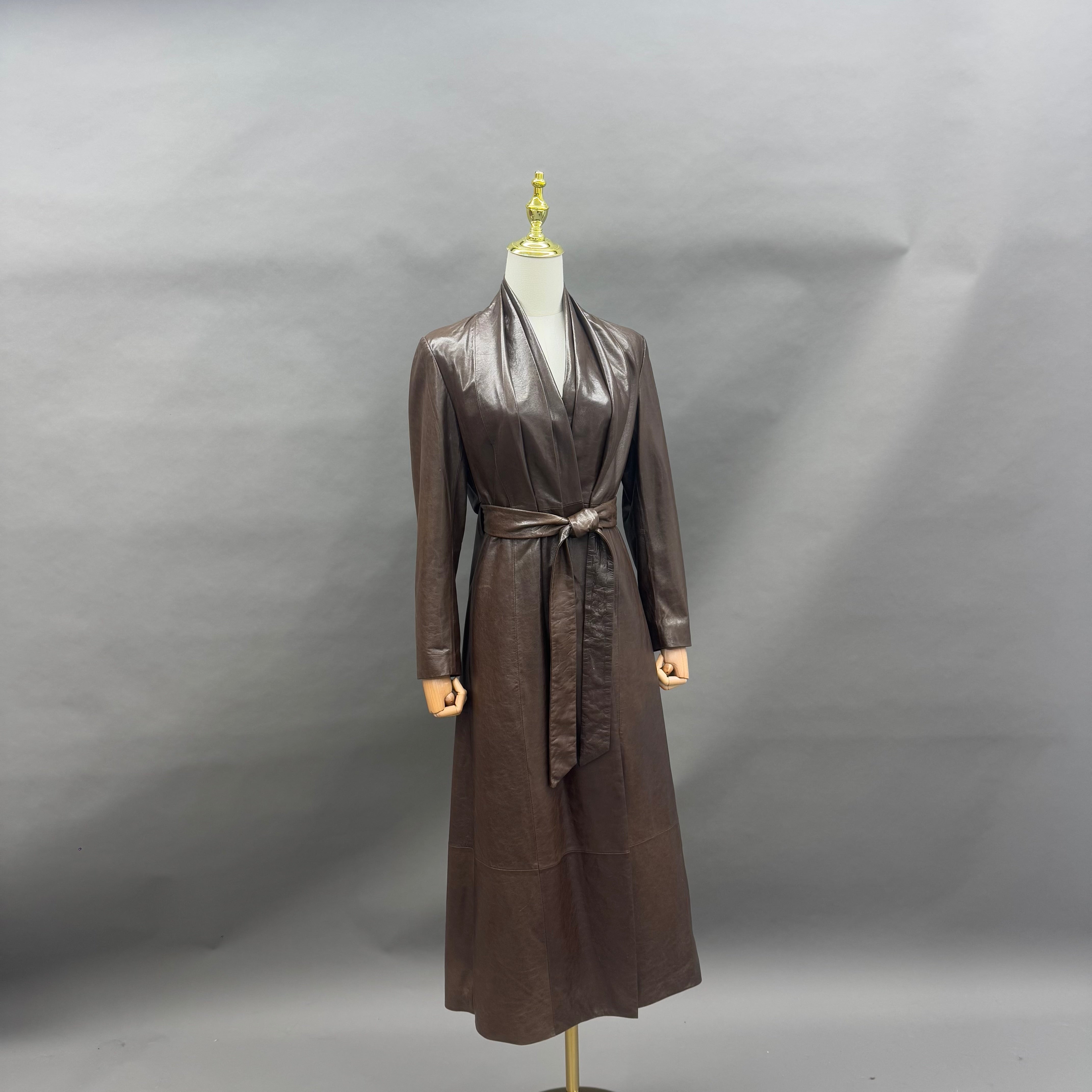 Women’s Long Brown Leather Wrap Coat with Tie Waist – Elegant V-Neck Trench Style Outerwear for Winter Fashion