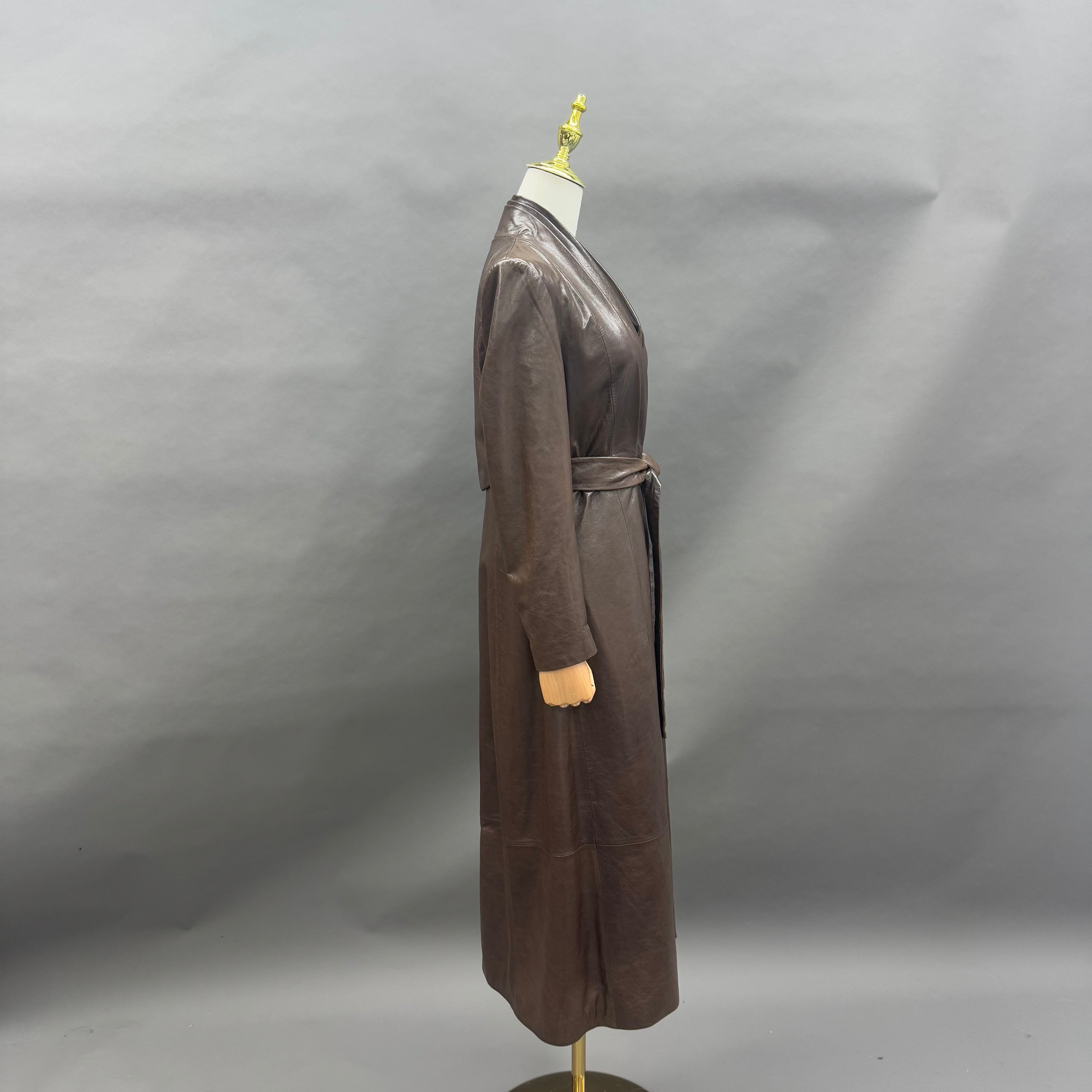 Women’s Long Brown Leather Wrap Coat with Tie Waist – Elegant V-Neck Trench Style Outerwear for Winter Fashion