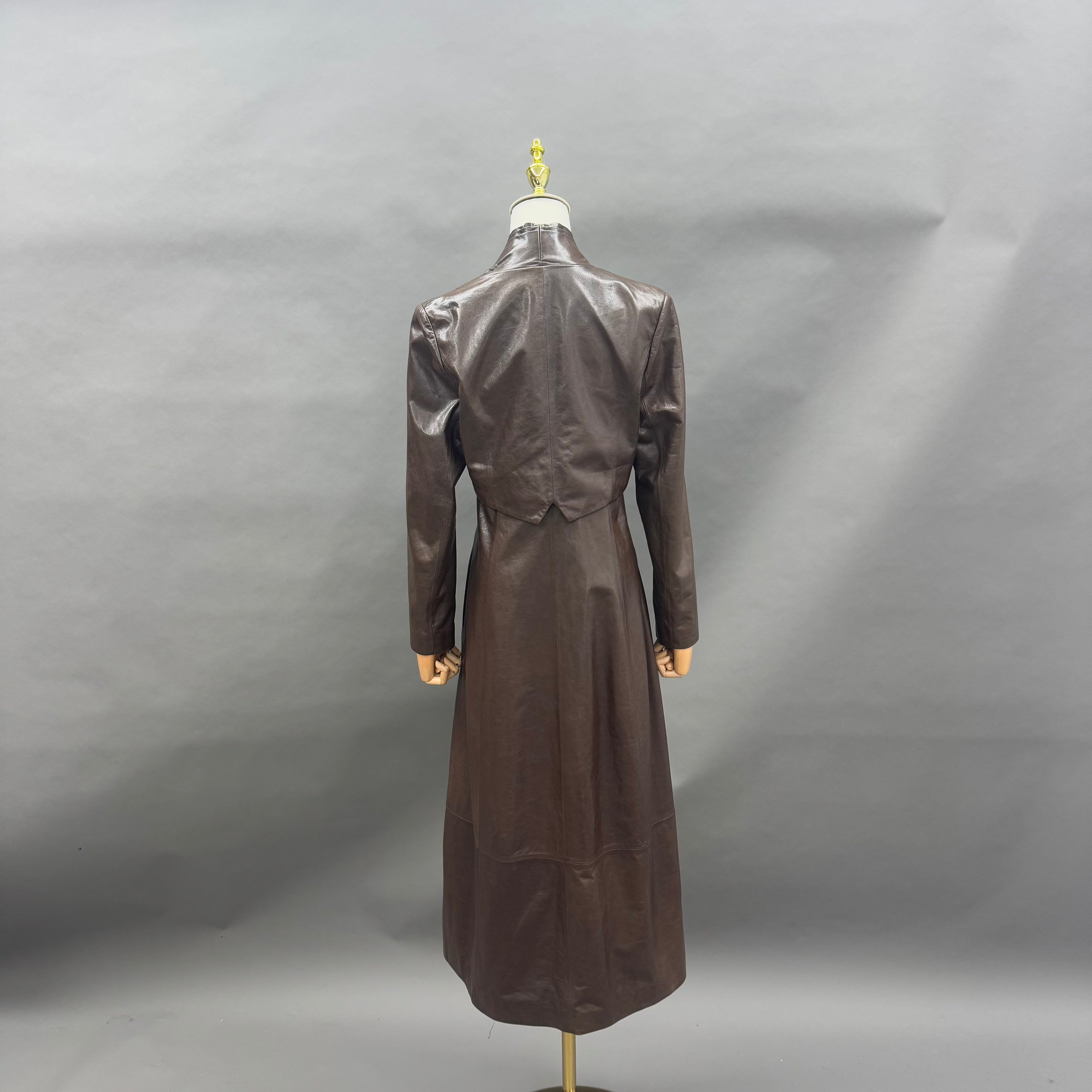 Women’s Long Brown Leather Wrap Coat with Tie Waist – Elegant V-Neck Trench Style Outerwear for Winter Fashion