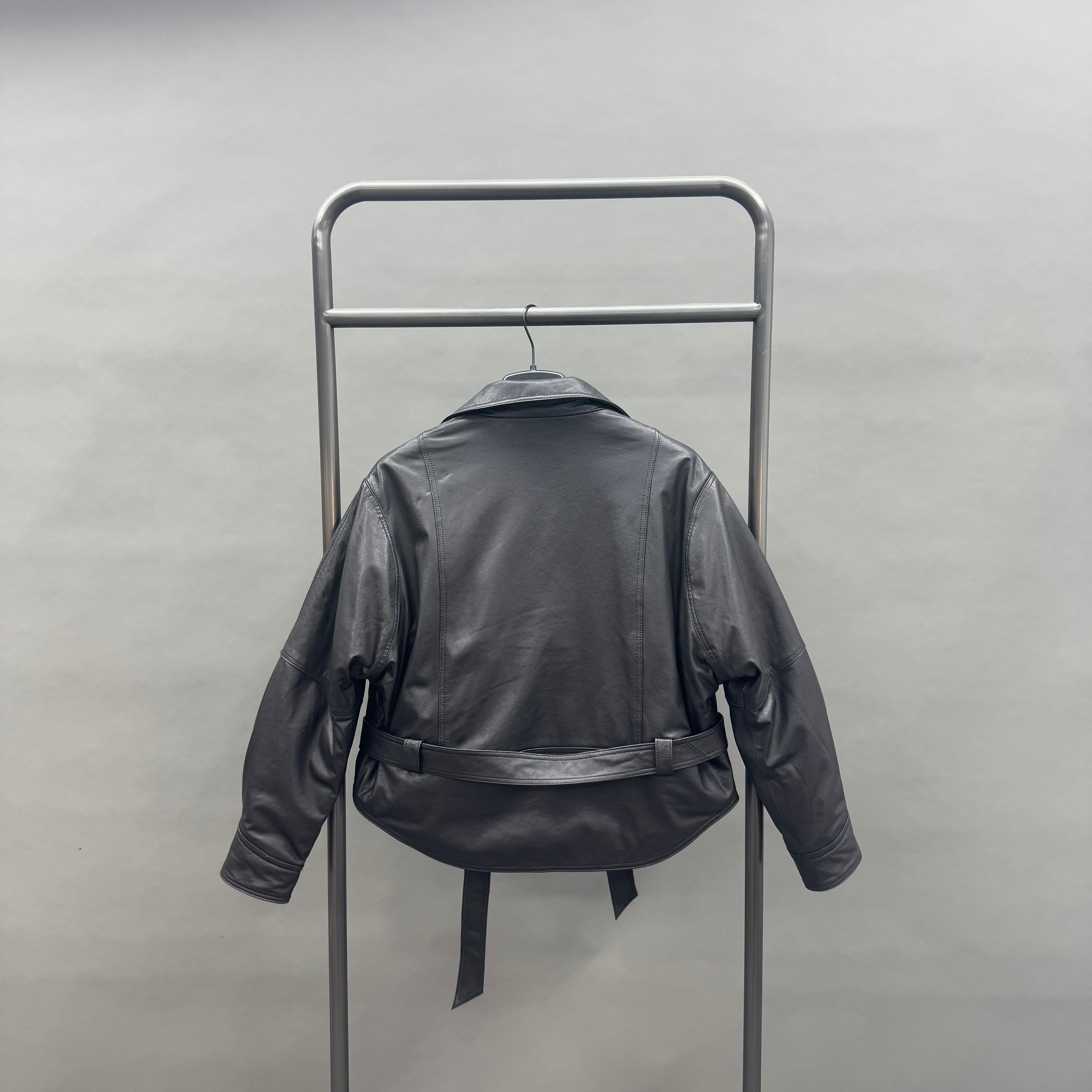 Women’s Black Belted Leather Biker Jacket – Asymmetrical Lapel Short Coat with Waist Tie for Fashionable Winter Wear