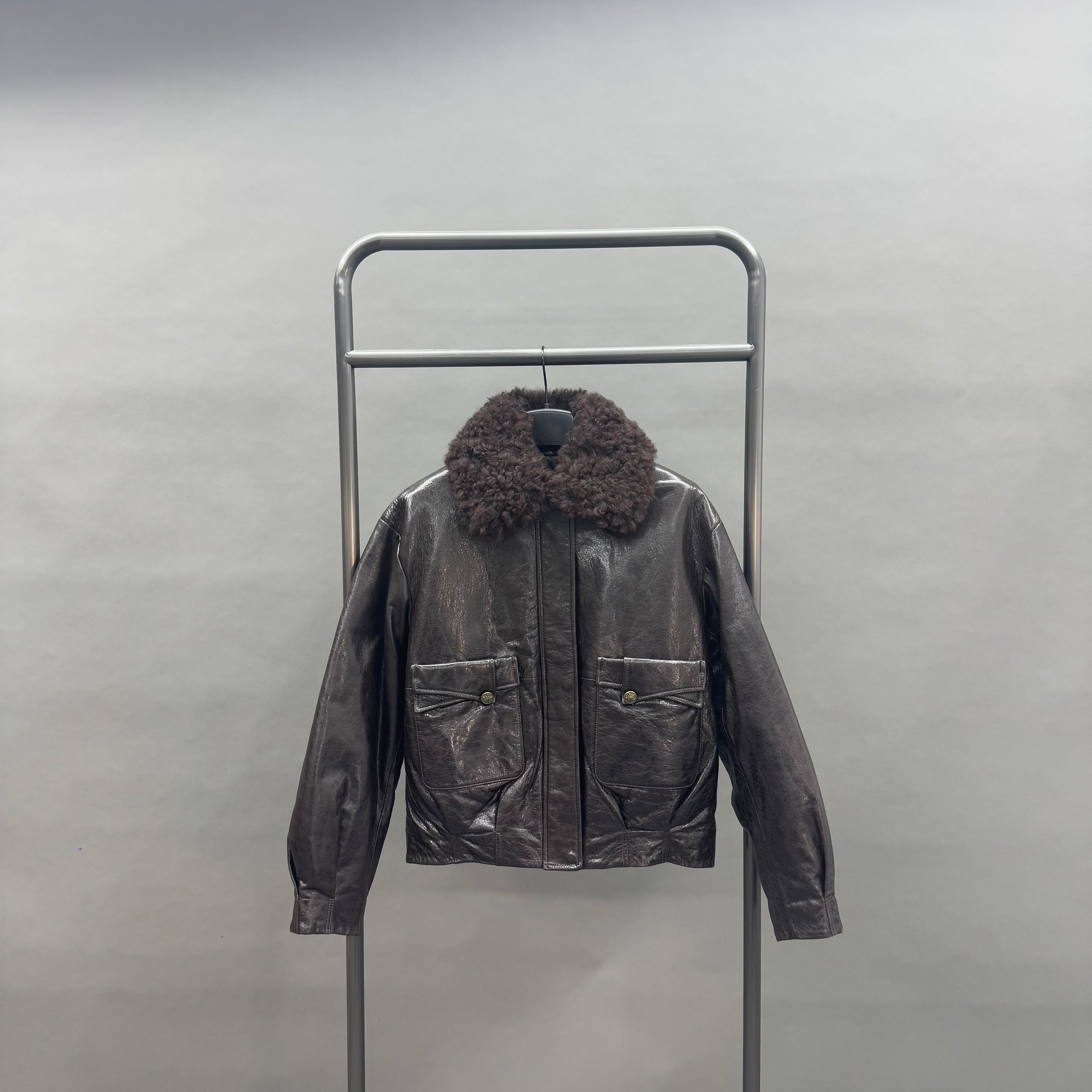 Black Leather Aviator Jacket with Down Filled Lining – Warm Winter Coat with Fur Collar for Cold Weather