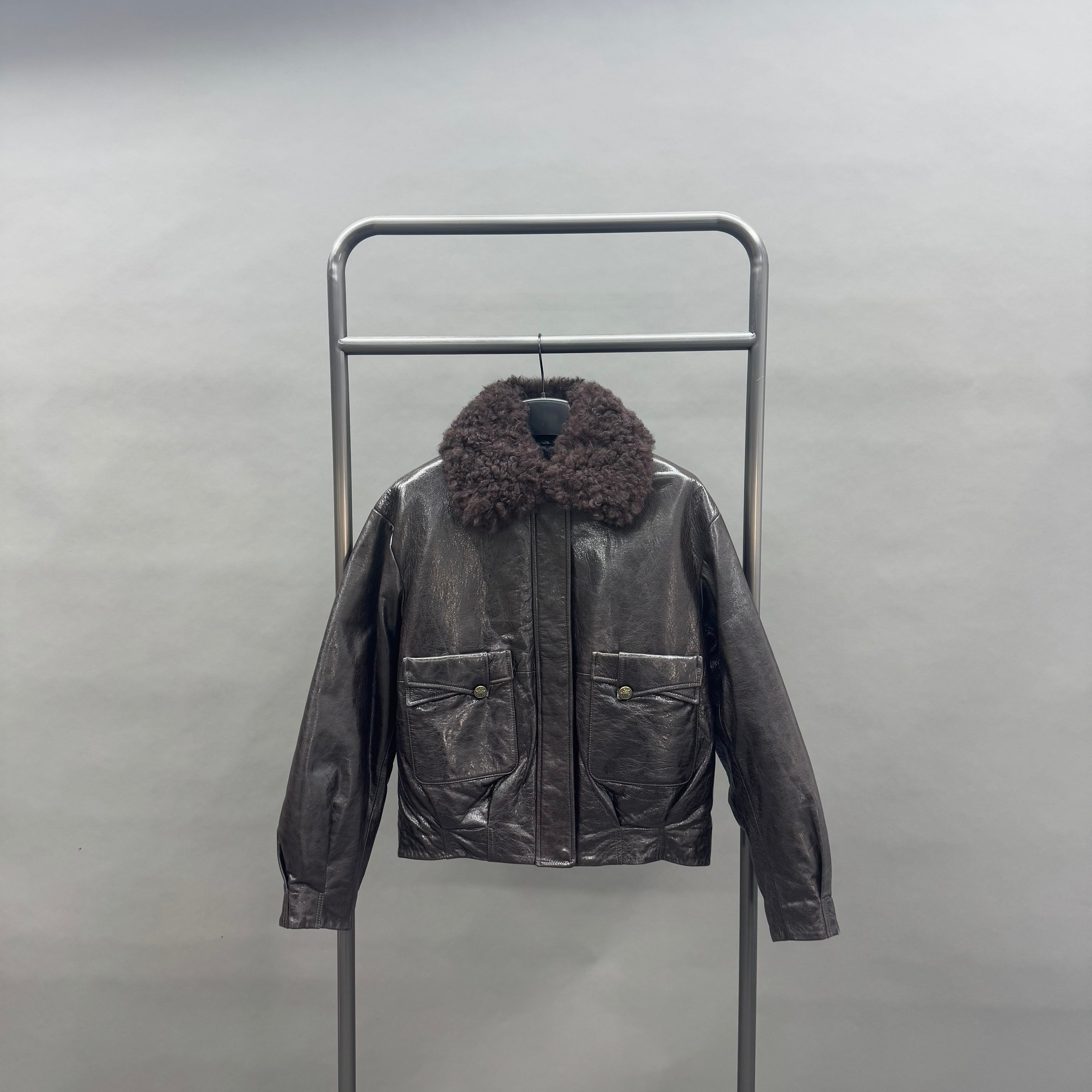 Black Leather Aviator Jacket with Down Filled Lining – Warm Winter Coat with Fur Collar for Cold Weather Black