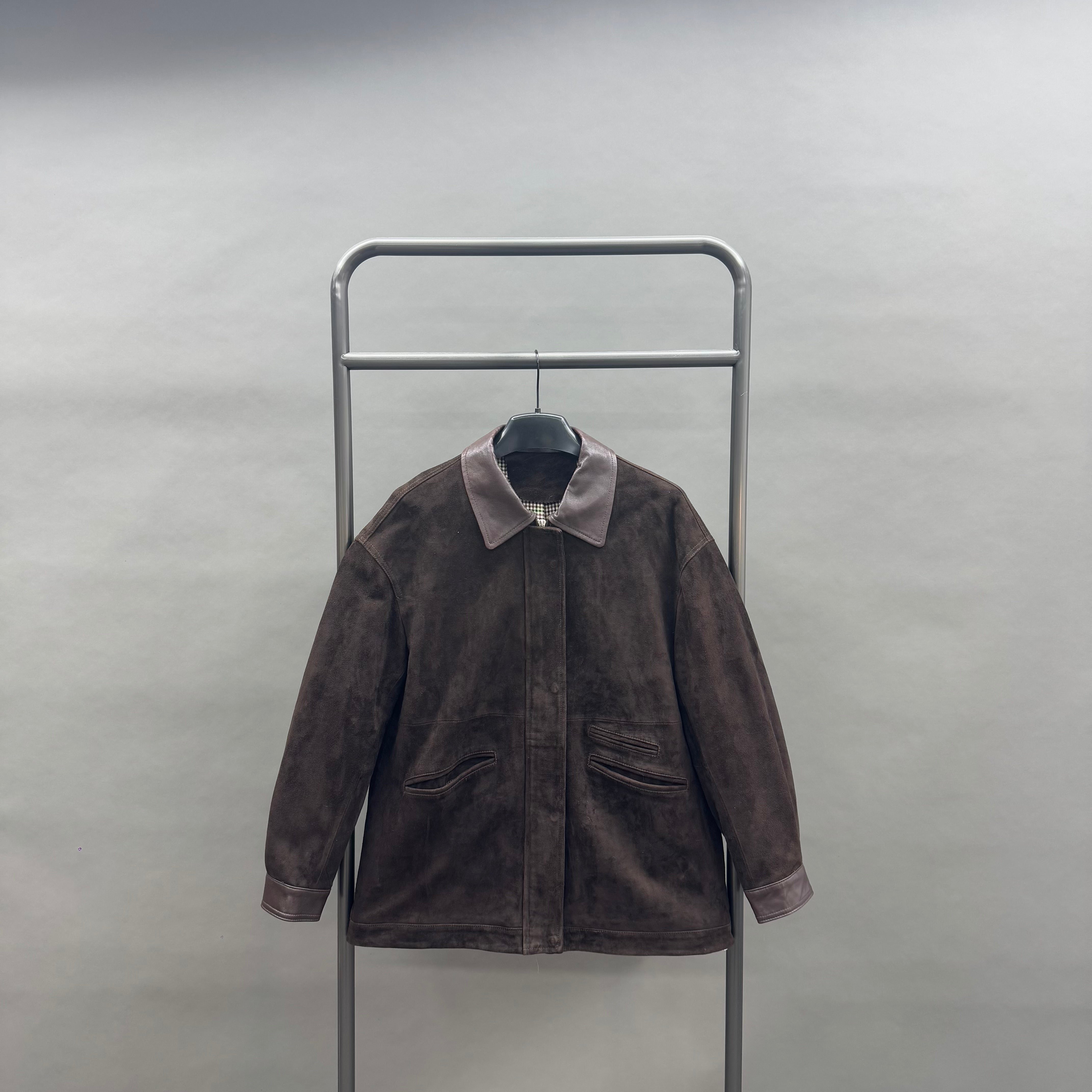 Brown Suede Leather Jacket with Leather Trim – Classic Notched Lapel Short Coat for Autumn Winter Fashion