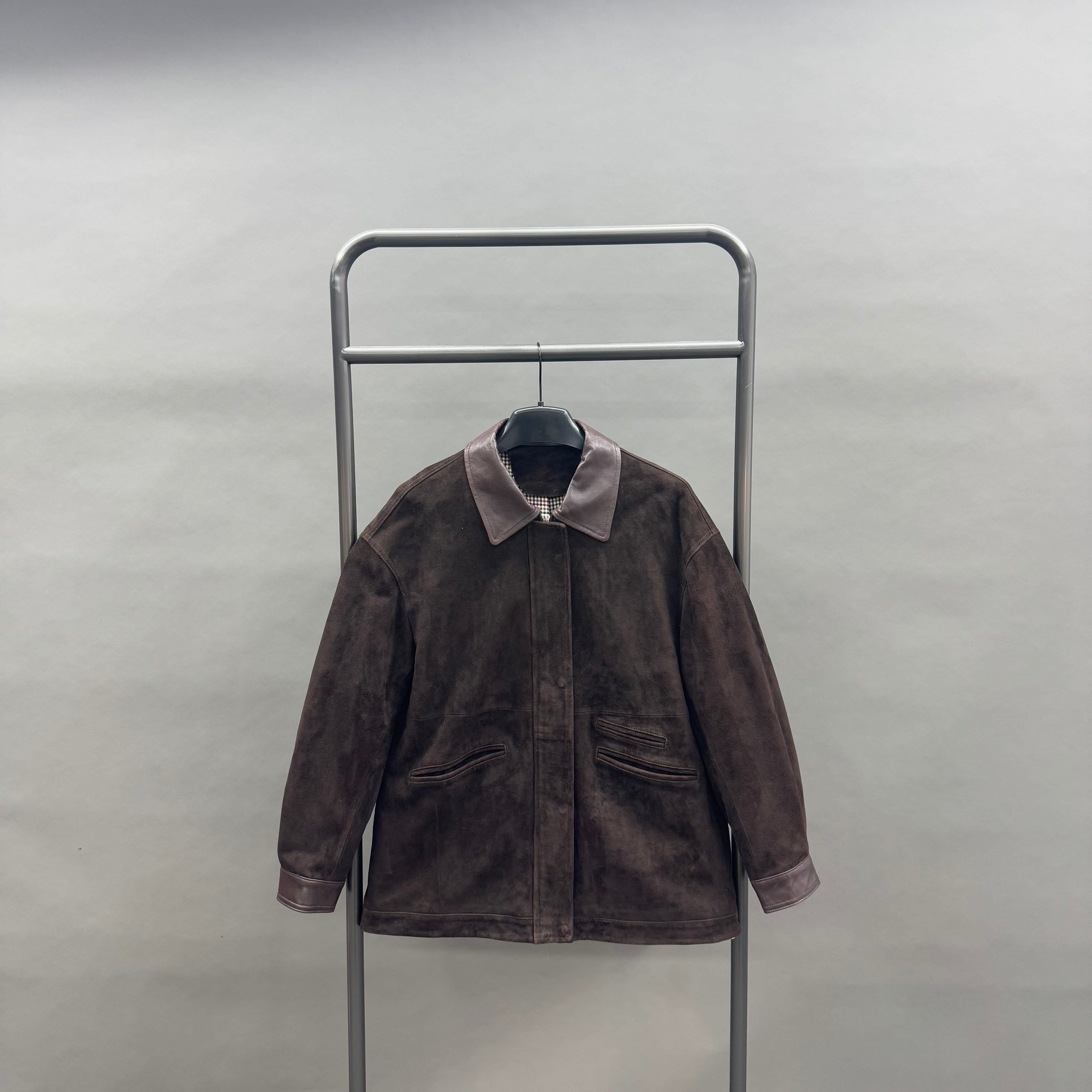 Brown Suede Leather Jacket with Leather Trim – Classic Notched Lapel Short Coat for Autumn Winter Fashion