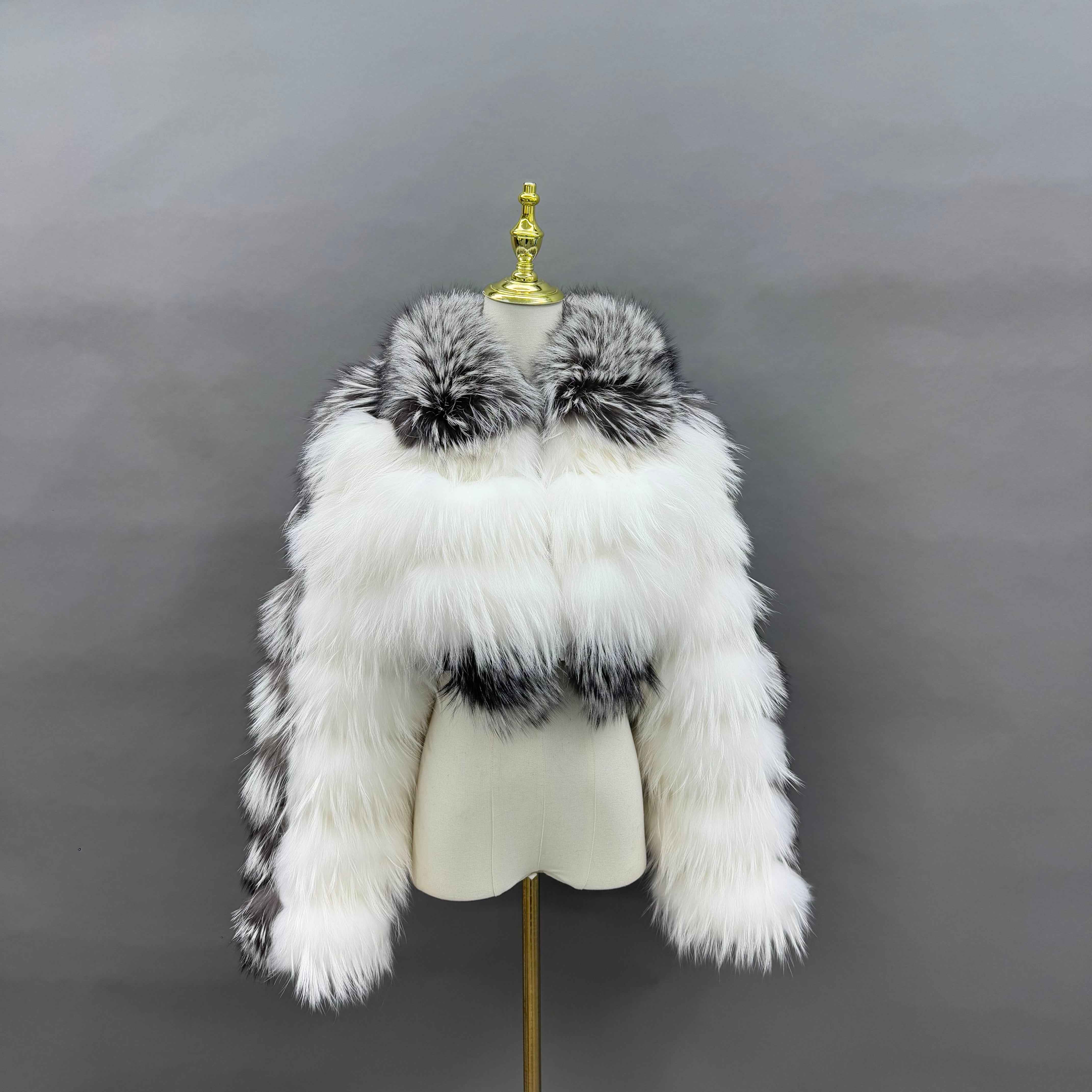 Luxury Raccoon & Silver Fox Fur Jacket with Notched Collar – Women’s Short Elegant Winter Coat for Formal & Party Wear Grey White
