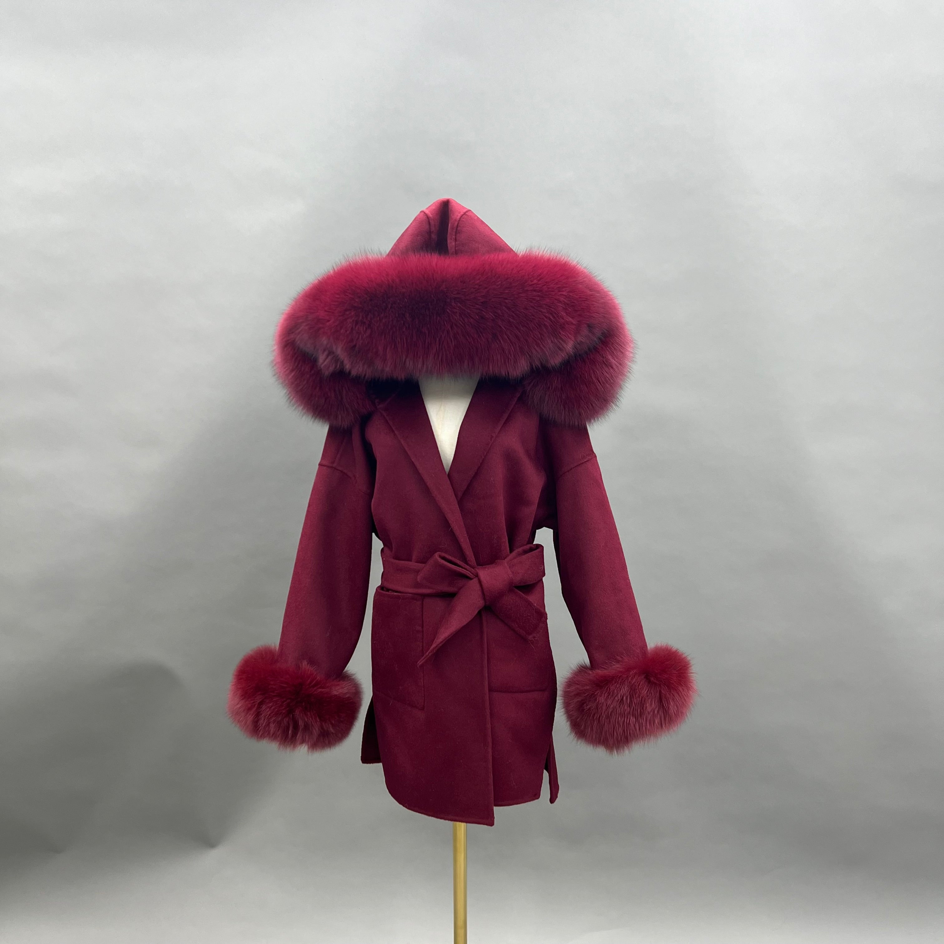 Double - Faced Wool Hooded Coat with Faux Fur Trim on Hood and Cuffs & Tie Waist 6#Burgundy