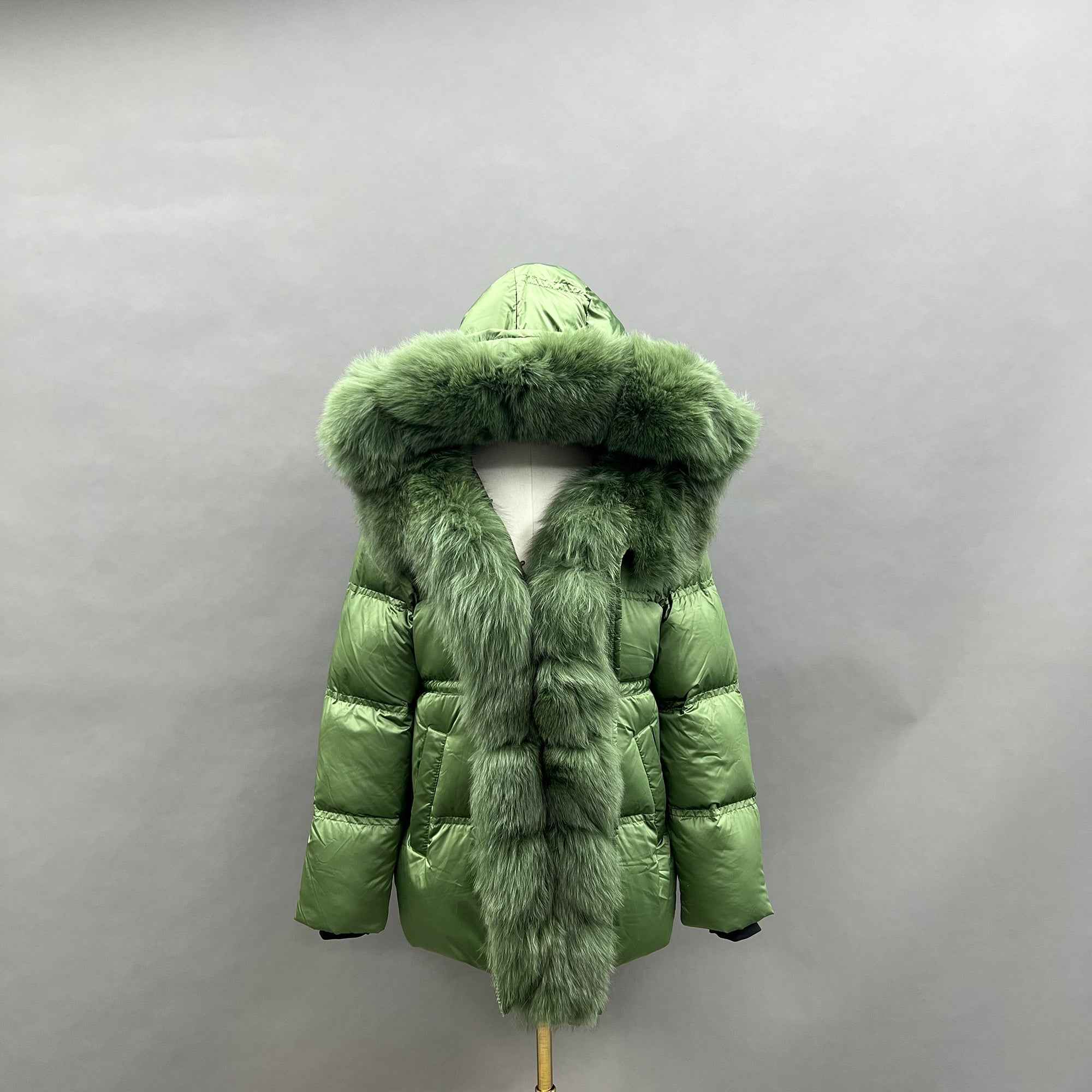 Women's Shiny Puffer Down Jacket with Large Fox Fur Trim Hood & Front