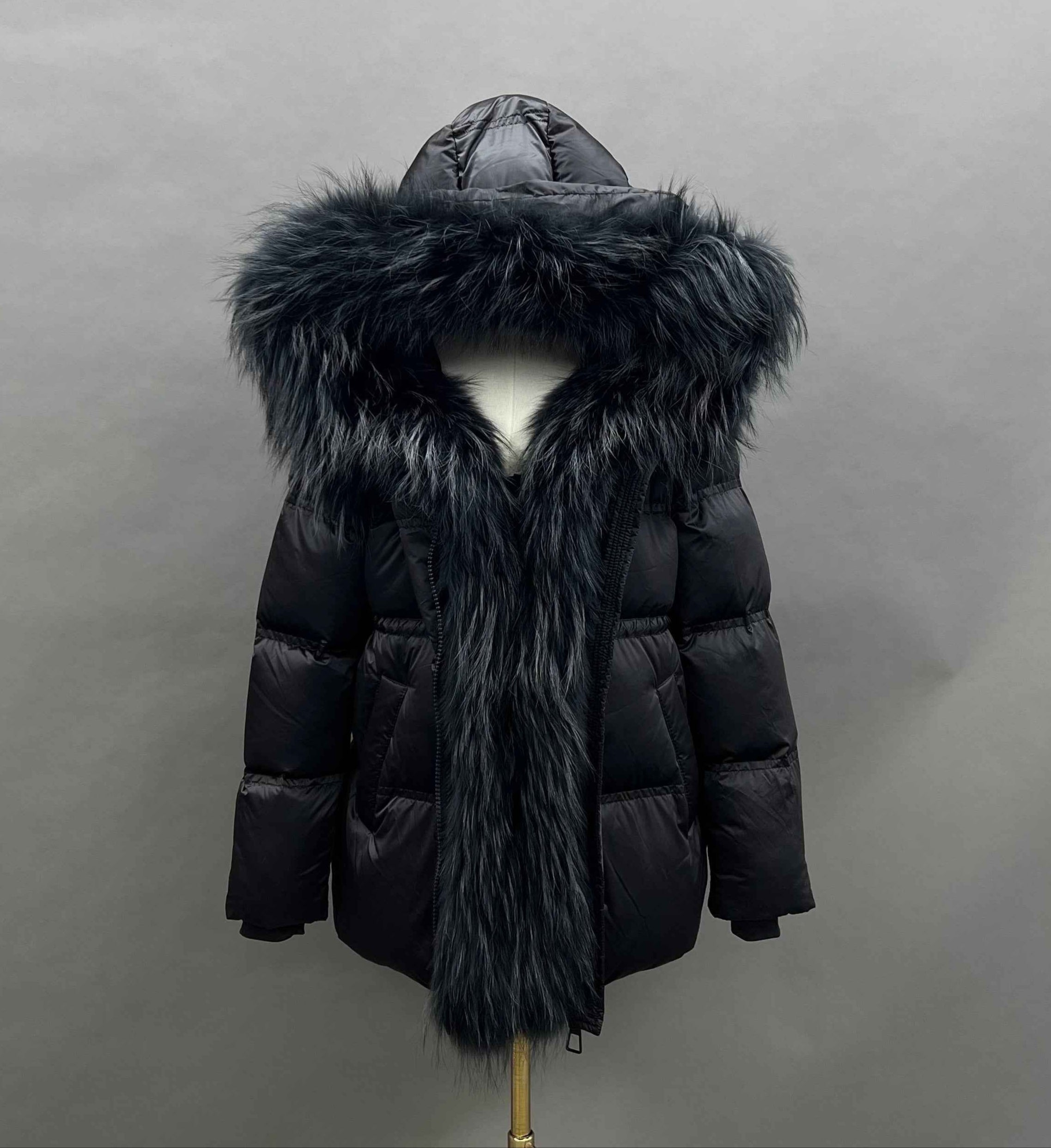 Women's Shiny Puffer Down Jacket with Large Raccoon Fur Trim Hood & Front