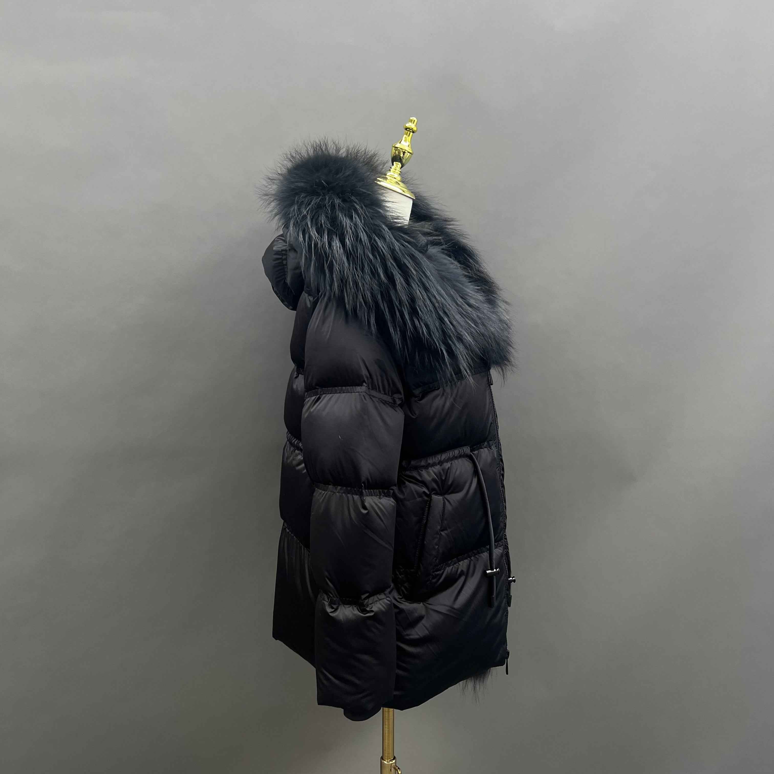 Women's Shiny Puffer Down Jacket with Large Raccoon Fur Trim Hood & Front