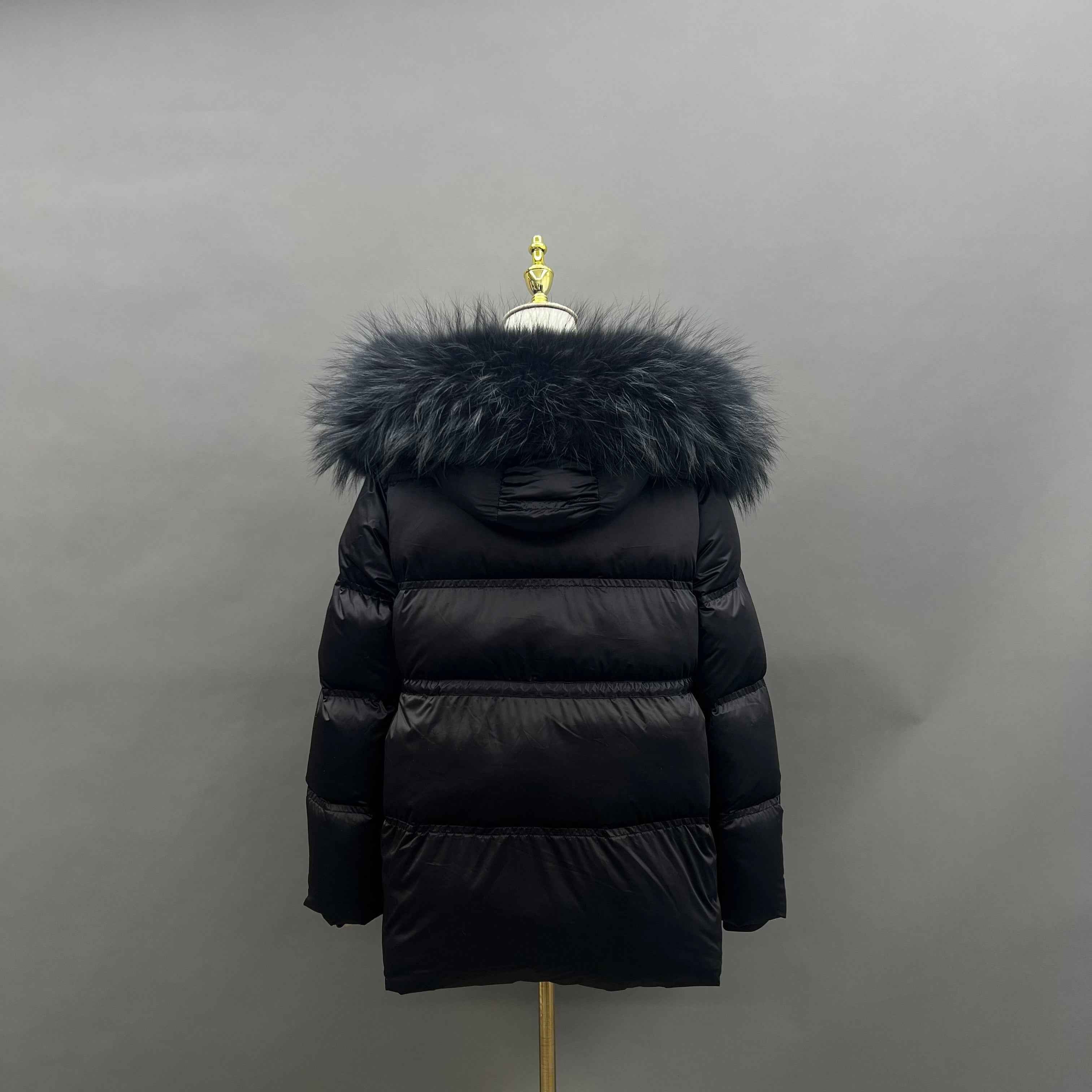 Women's Shiny Puffer Down Jacket with Large Raccoon Fur Trim Hood & Front