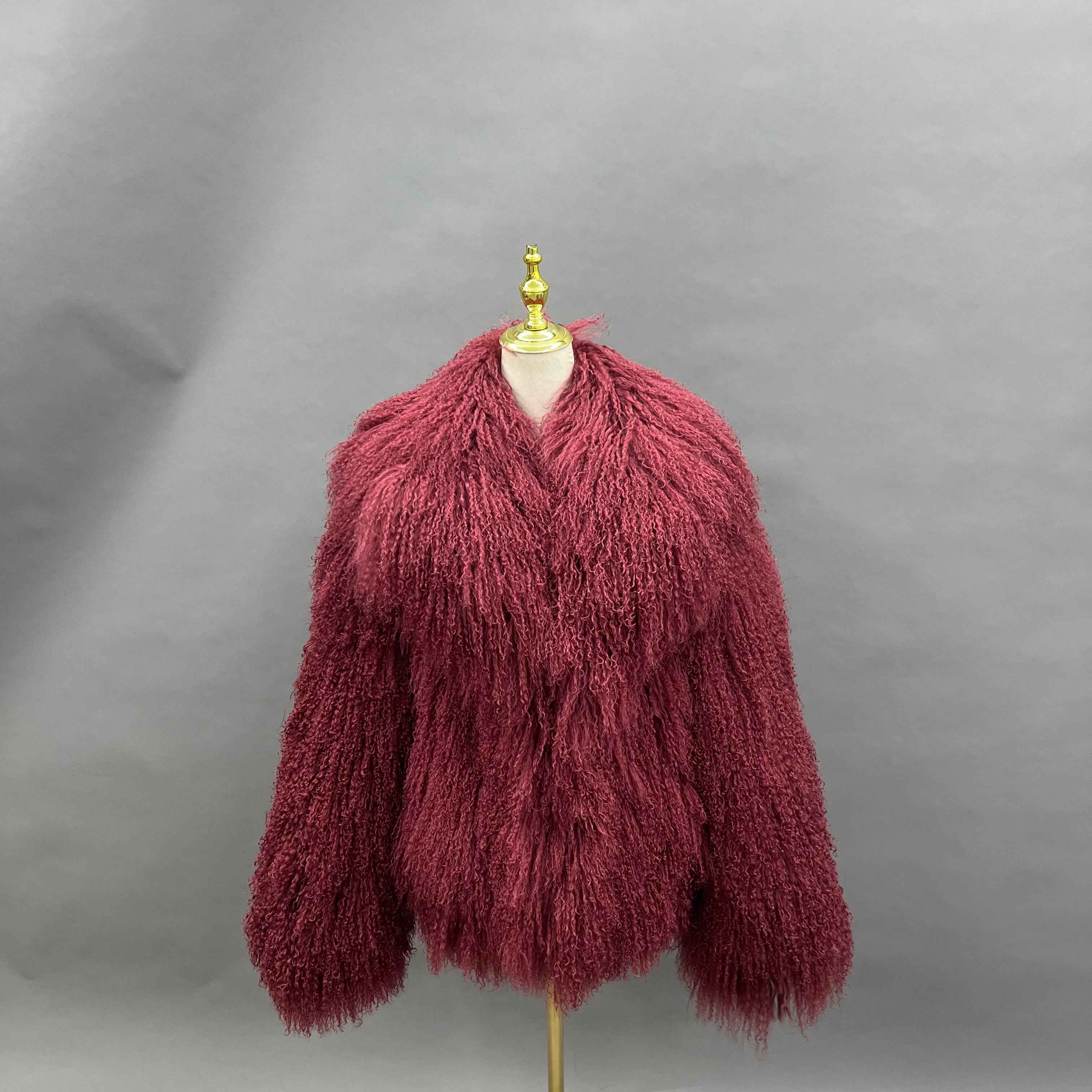 Women's Royal Purple Mongolian Lamb Fur Coat – Notch Lapel, Mid-Length, Stylish Winter Outerwear for Women Wine