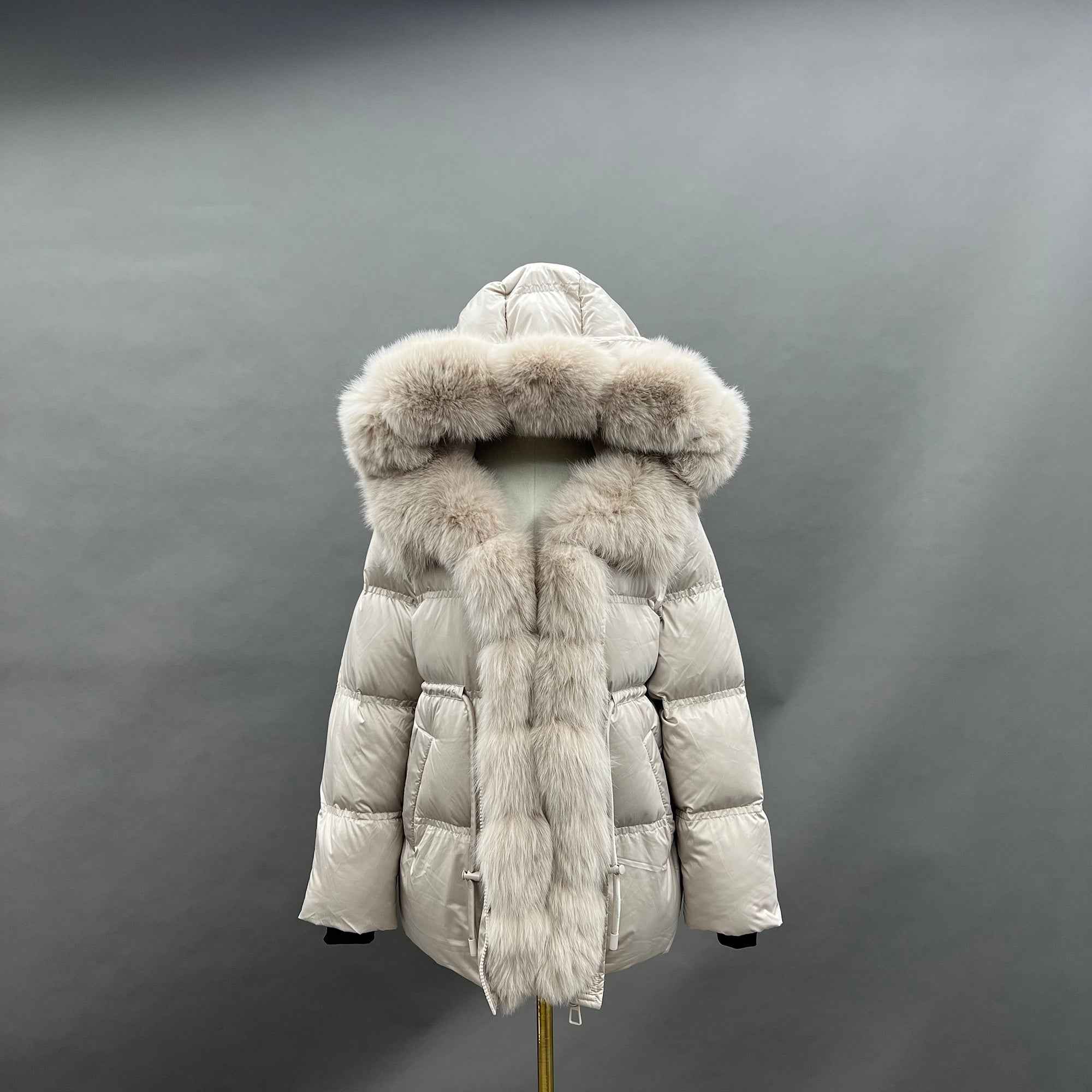 Women's Shiny Puffer Down Jacket with Large Fox Fur Trim Hood & Front