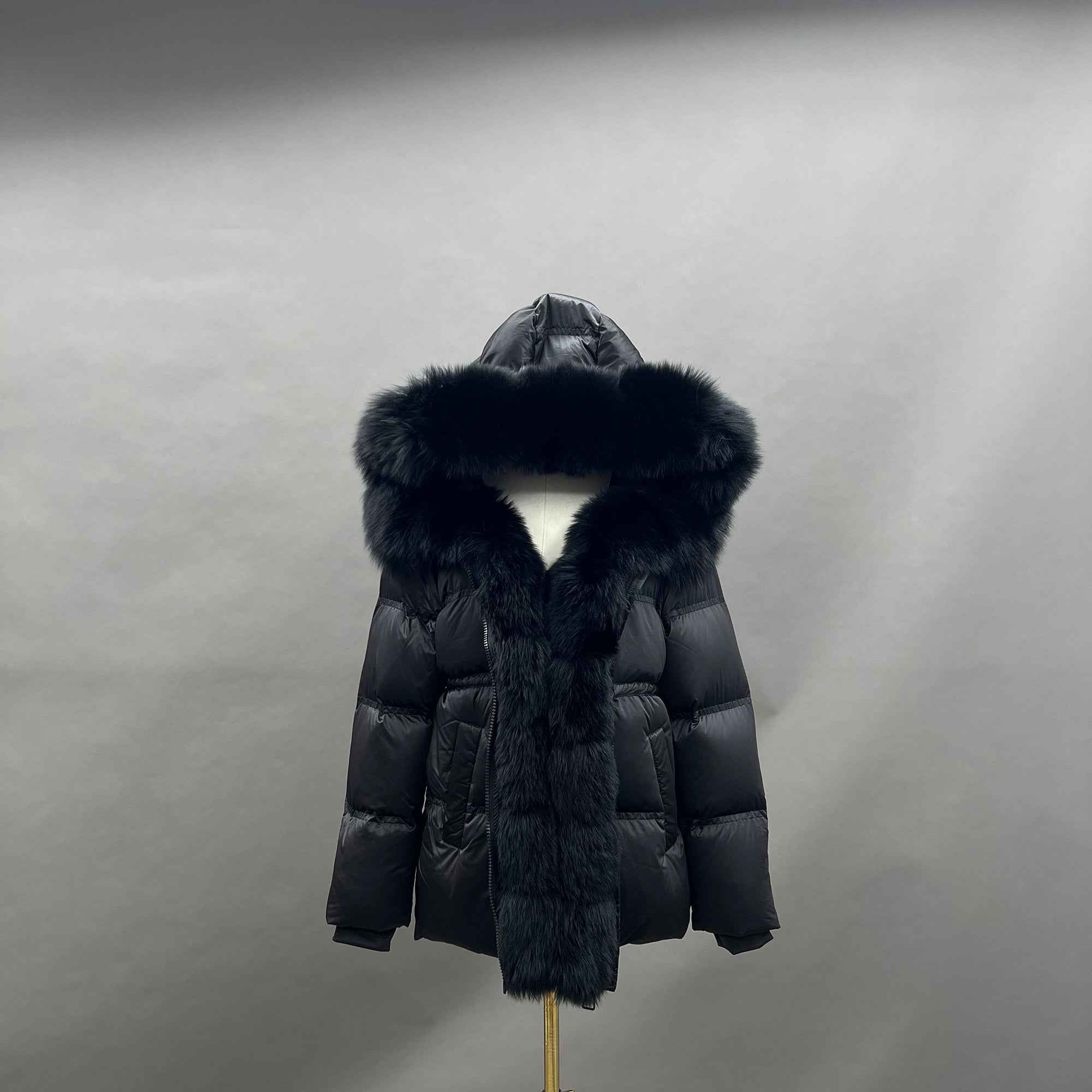 Women's Shiny Puffer Down Jacket with Large Fox Fur Trim Hood & Front