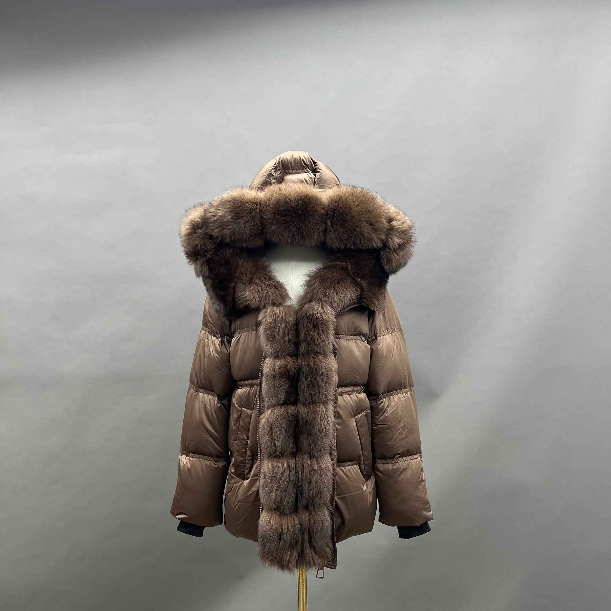 Women's Shiny Puffer Down Jacket with Large Fox Fur Trim Hood & Front
