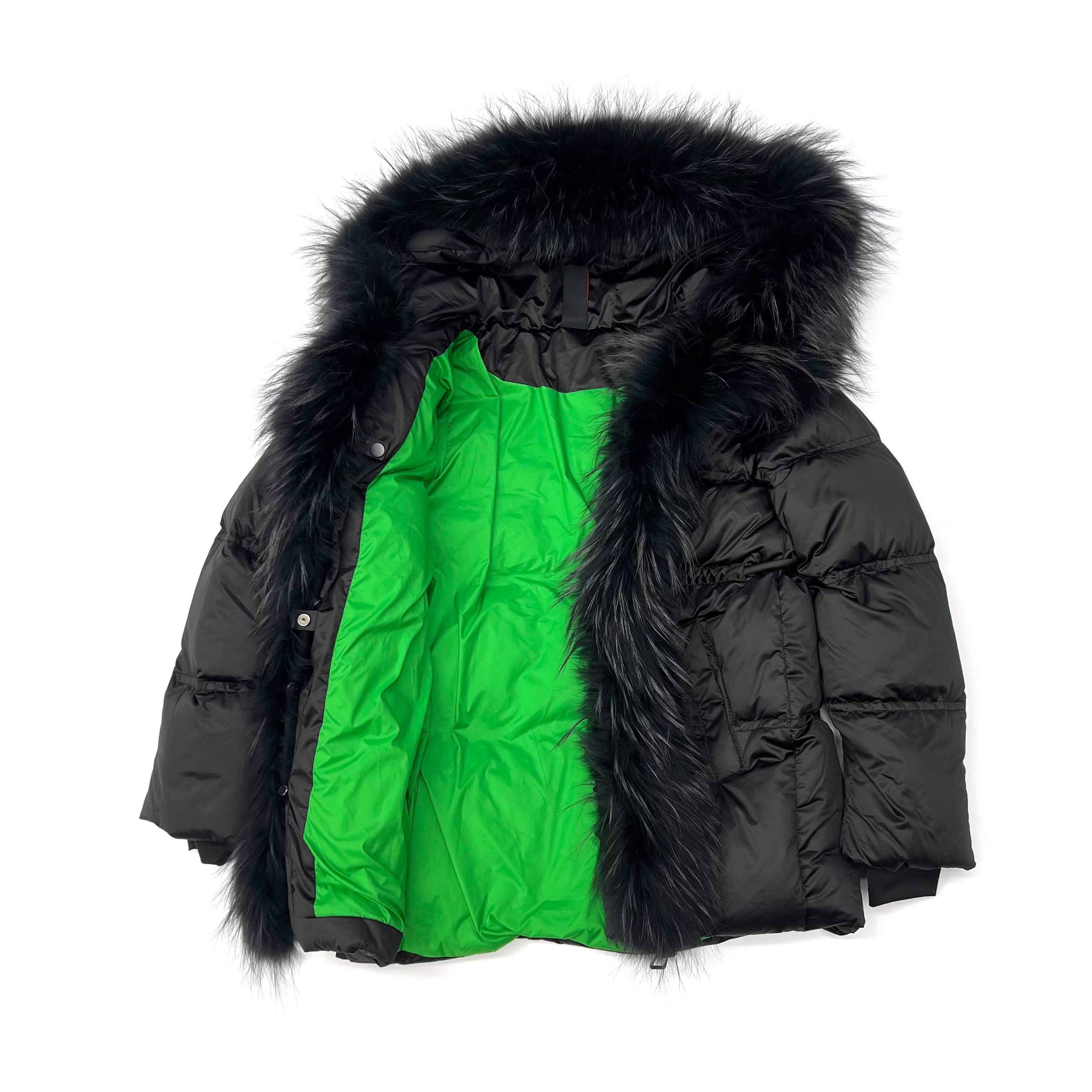 Women's Shiny Puffer Down Jacket with Large Raccoon Fur Trim Hood & Front
