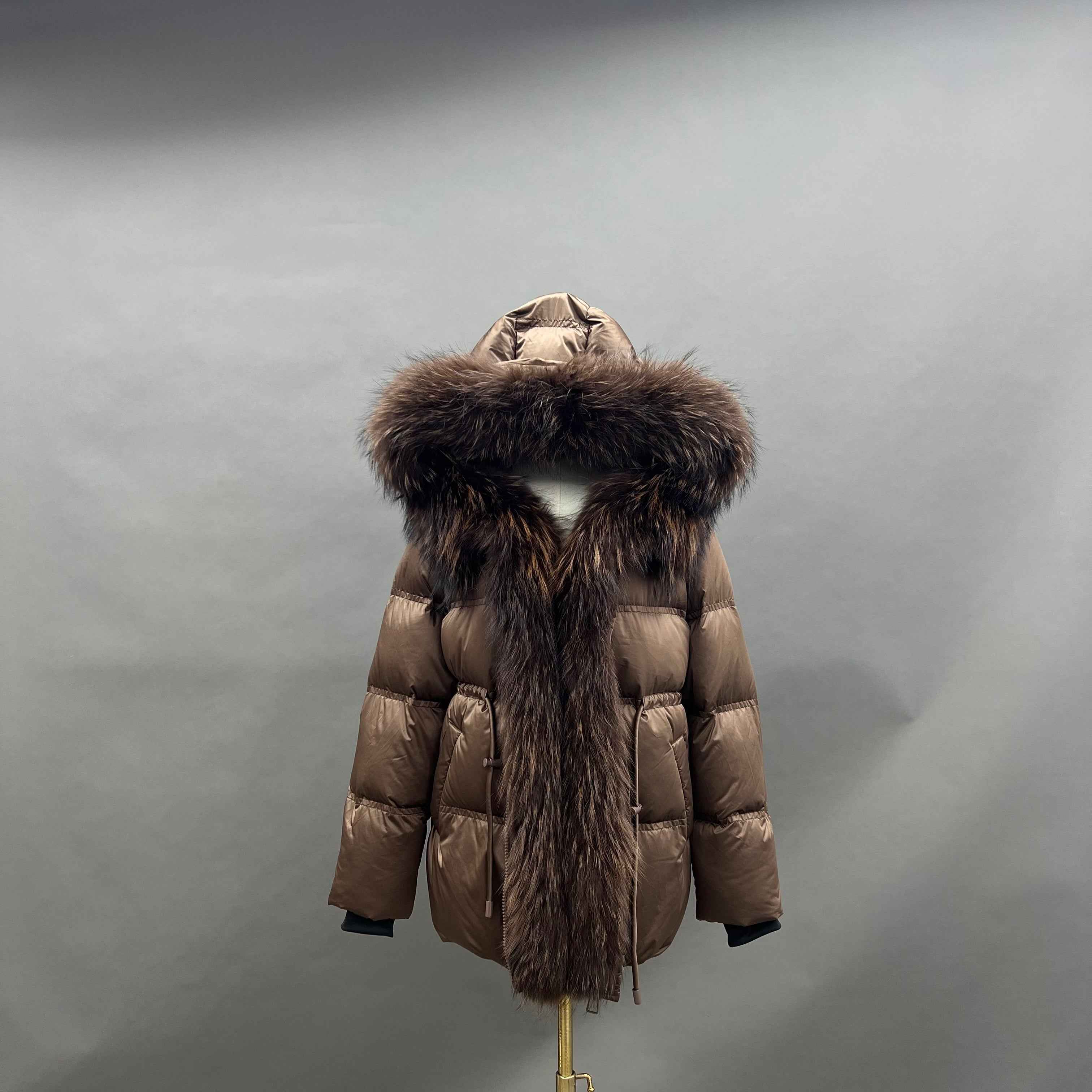 Women's Shiny Puffer Down Jacket with Large Raccoon Fur Trim Hood & Front