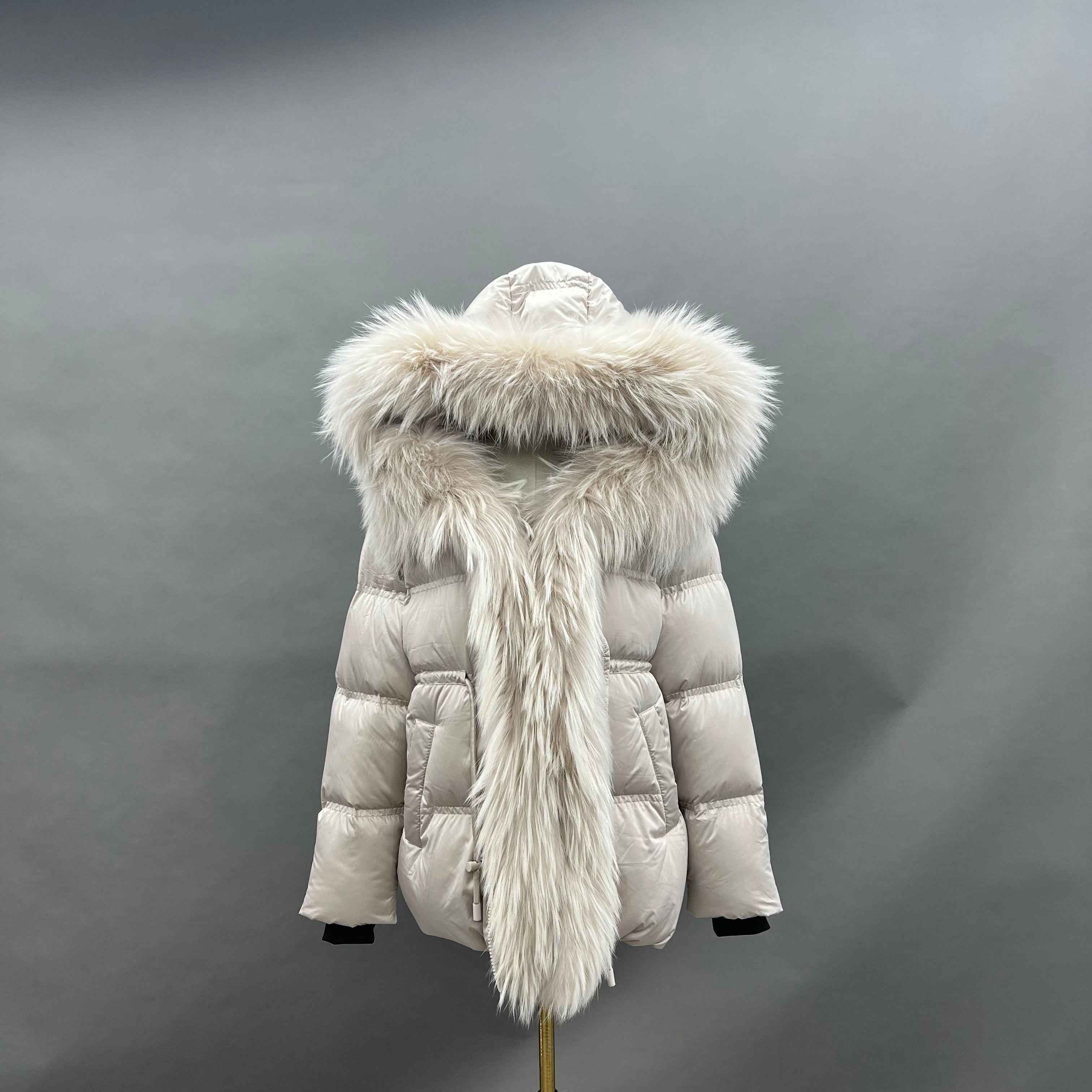 Women's Shiny Puffer Down Jacket with Large Raccoon Fur Trim Hood & Front
