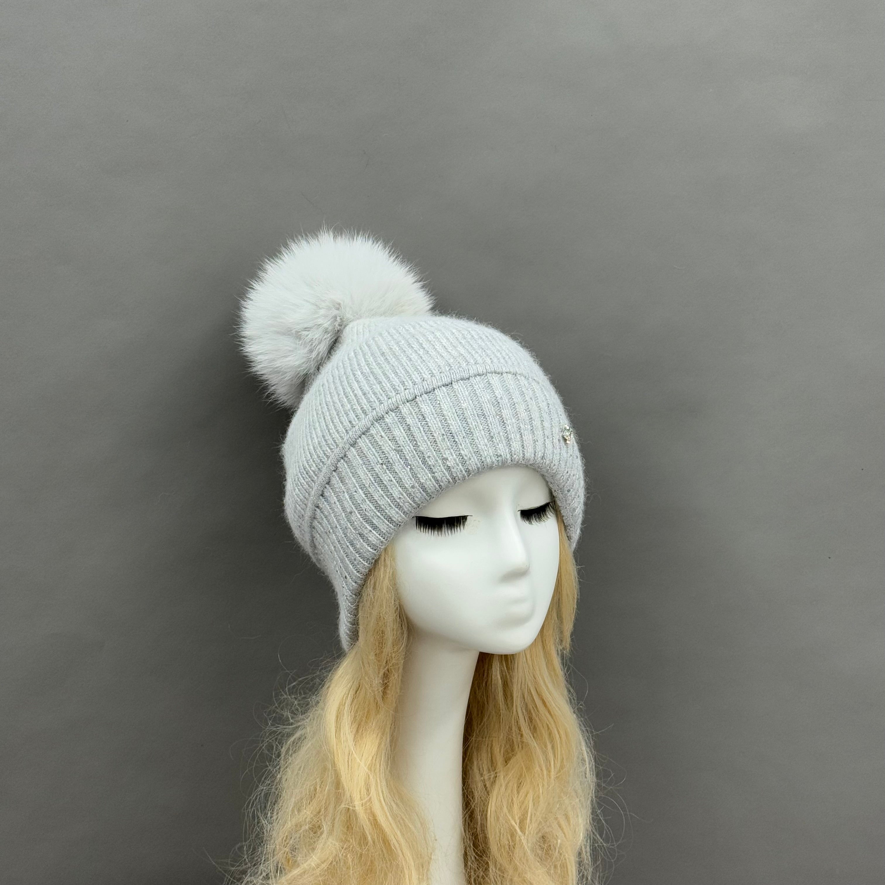 Women’s Light Pink Angora Knit Beanie with Butterfly Rhinestone – Elegant Winter Hat for Fashionable Style 4#Grey F