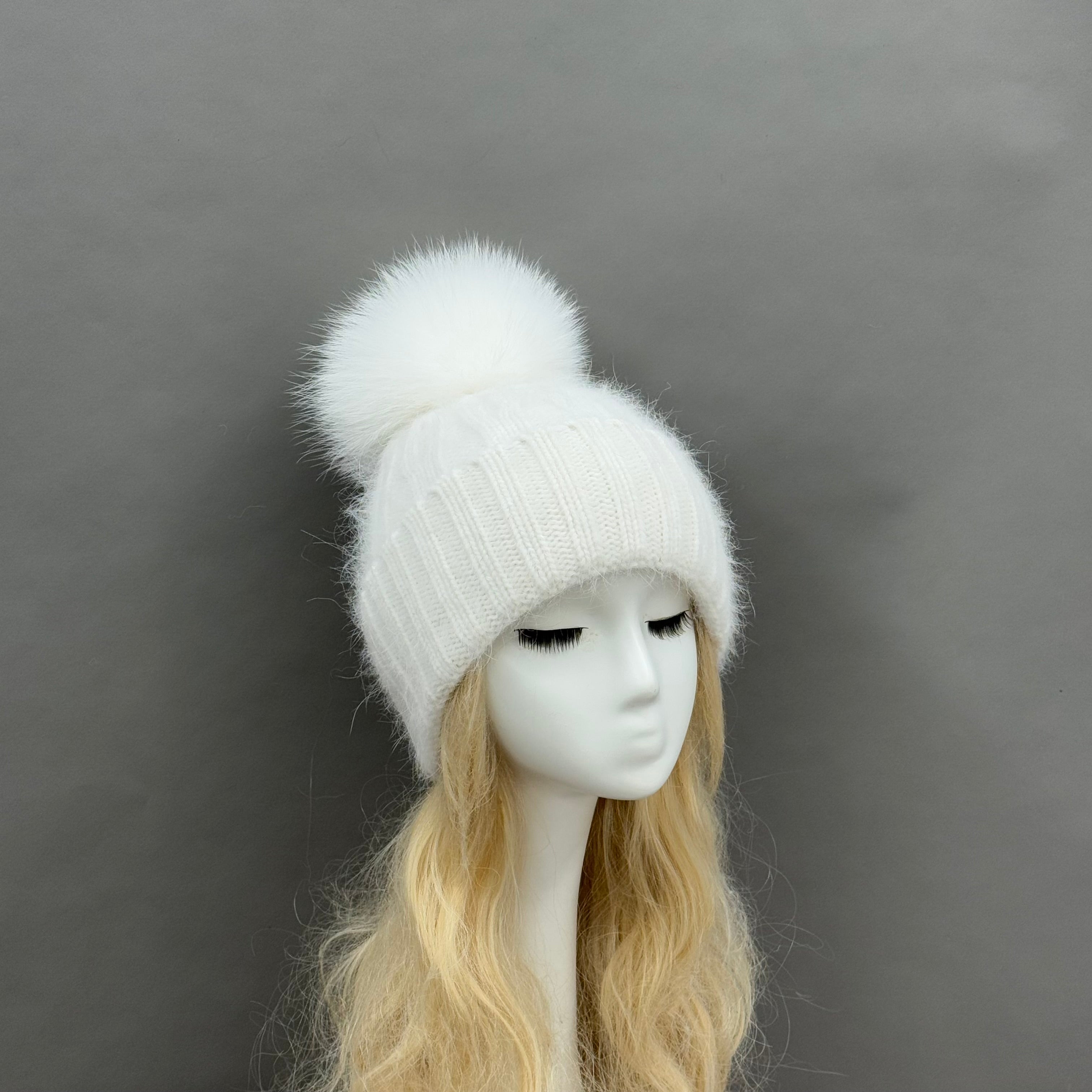 Women’s Light Pink Angora Knit Beanie with Reverse Fur Texture – Soft Winter Hat for Cozy Fashion 2#Pure White F