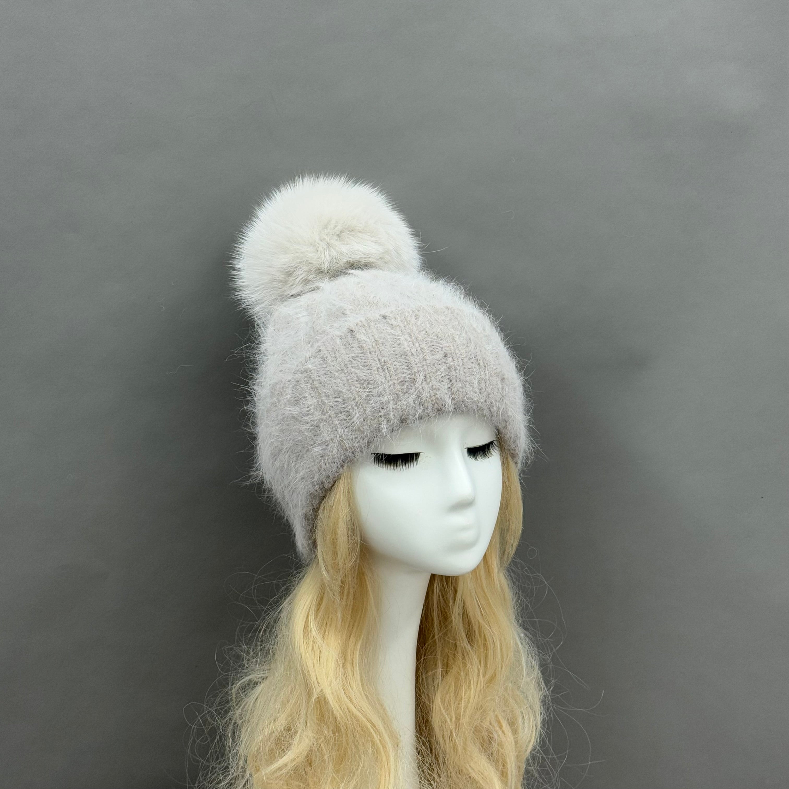Women’s Light Pink Angora Knit Beanie with Reverse Fur Texture – Soft Winter Hat for Cozy Fashion 1#Light Grey F