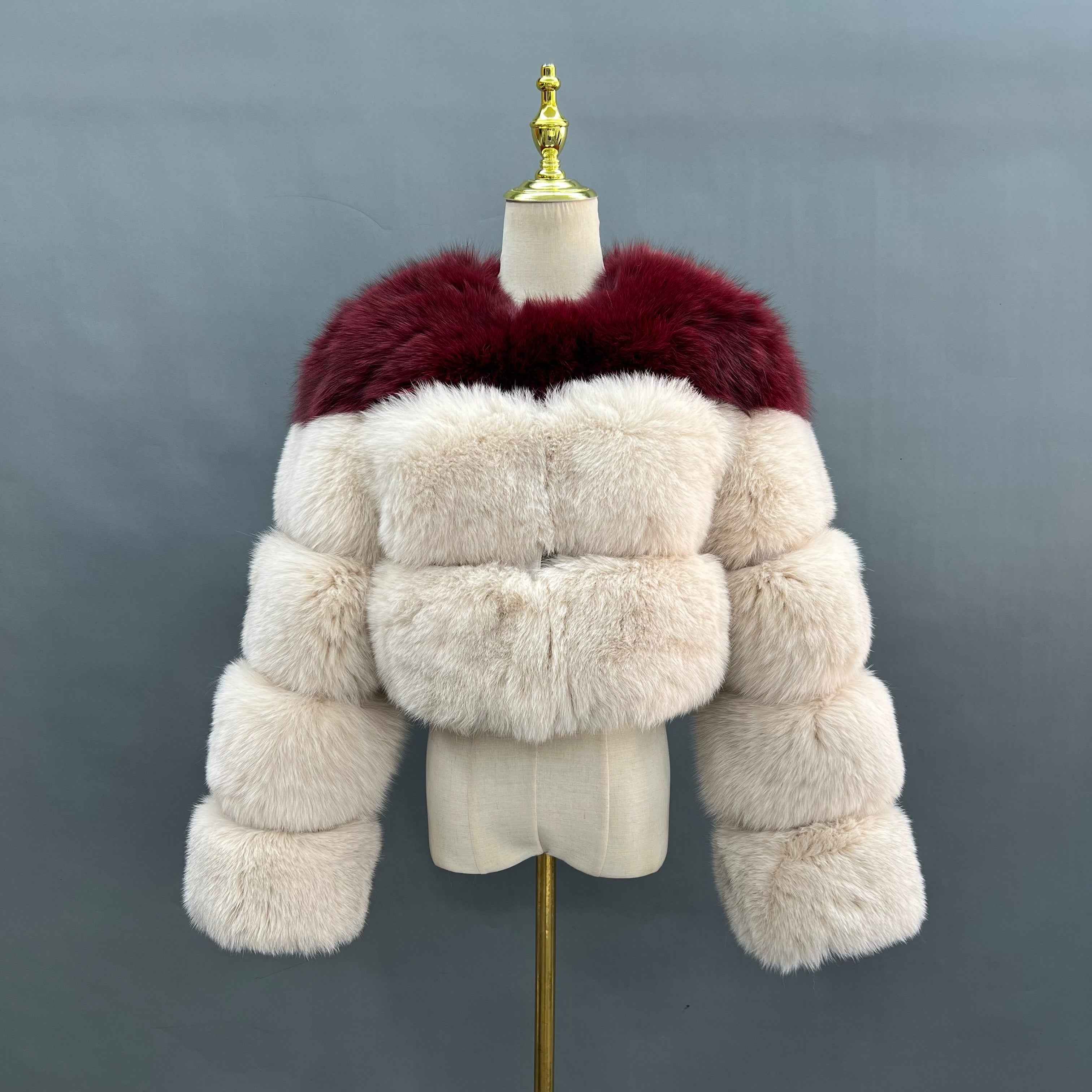 Women's Raccoon Fur & Fox Fur Coat – Luxury Mixed Fur Jacket, Short Winter Outerwear with White Collar and Blue Sleeve Trim 4#