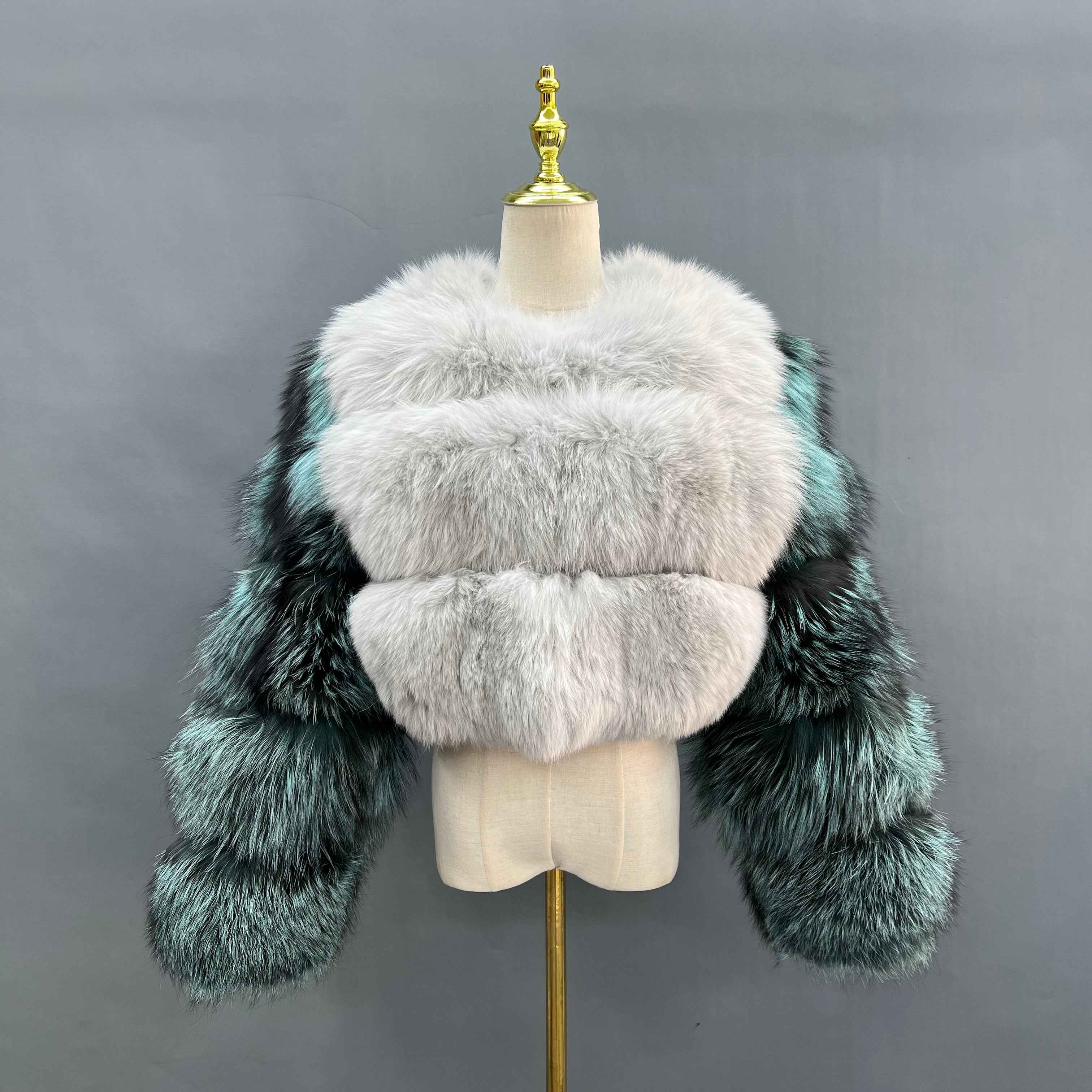 Women's Raccoon Fur & Fox Fur Coat – Luxury Mixed Fur Jacket, Short Winter Outerwear with White Collar and Blue Sleeve Trim 3#