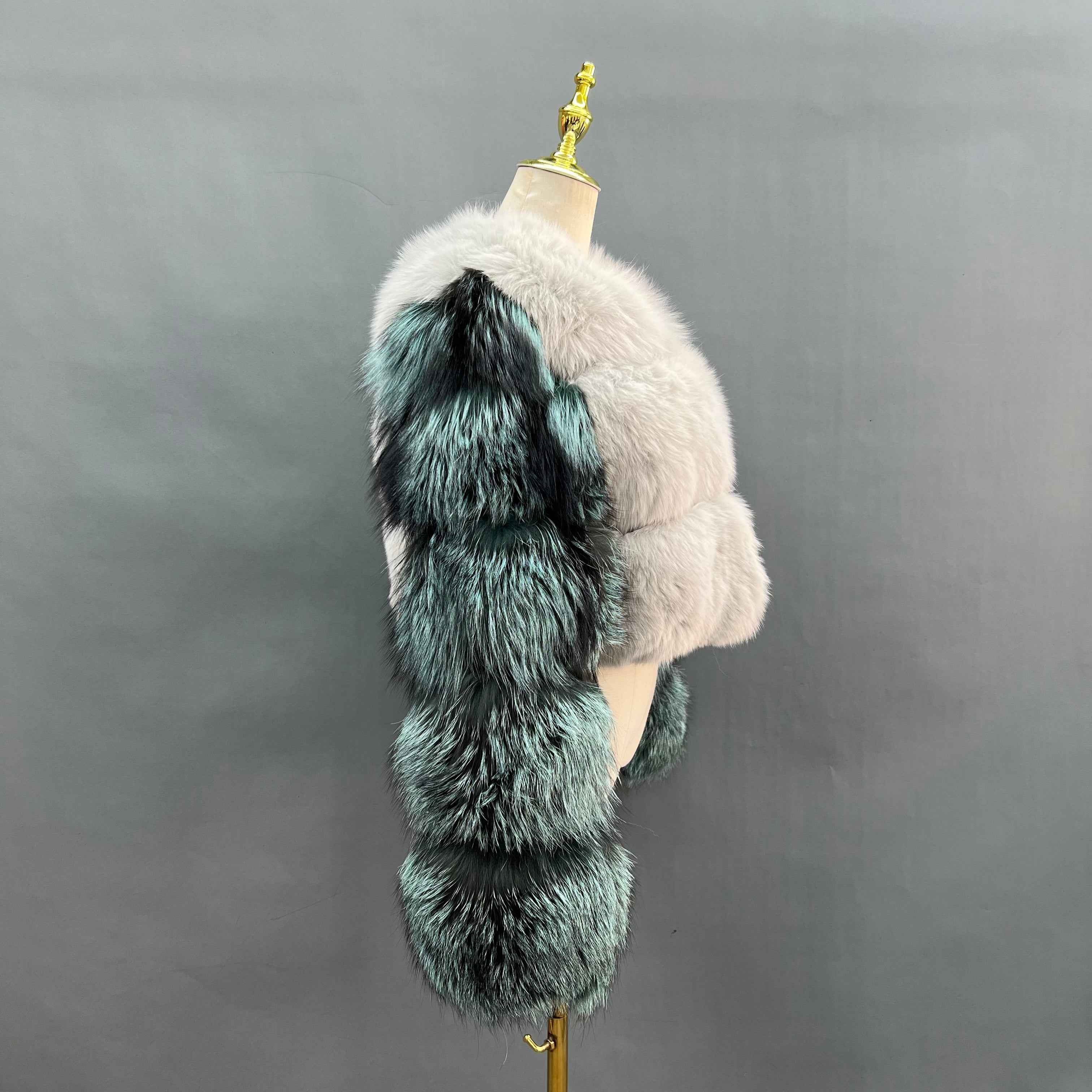 Women's Raccoon Fur & Fox Fur Coat – Luxury Mixed Fur Jacket, Short Winter Outerwear with White Collar and Blue Sleeve Trim