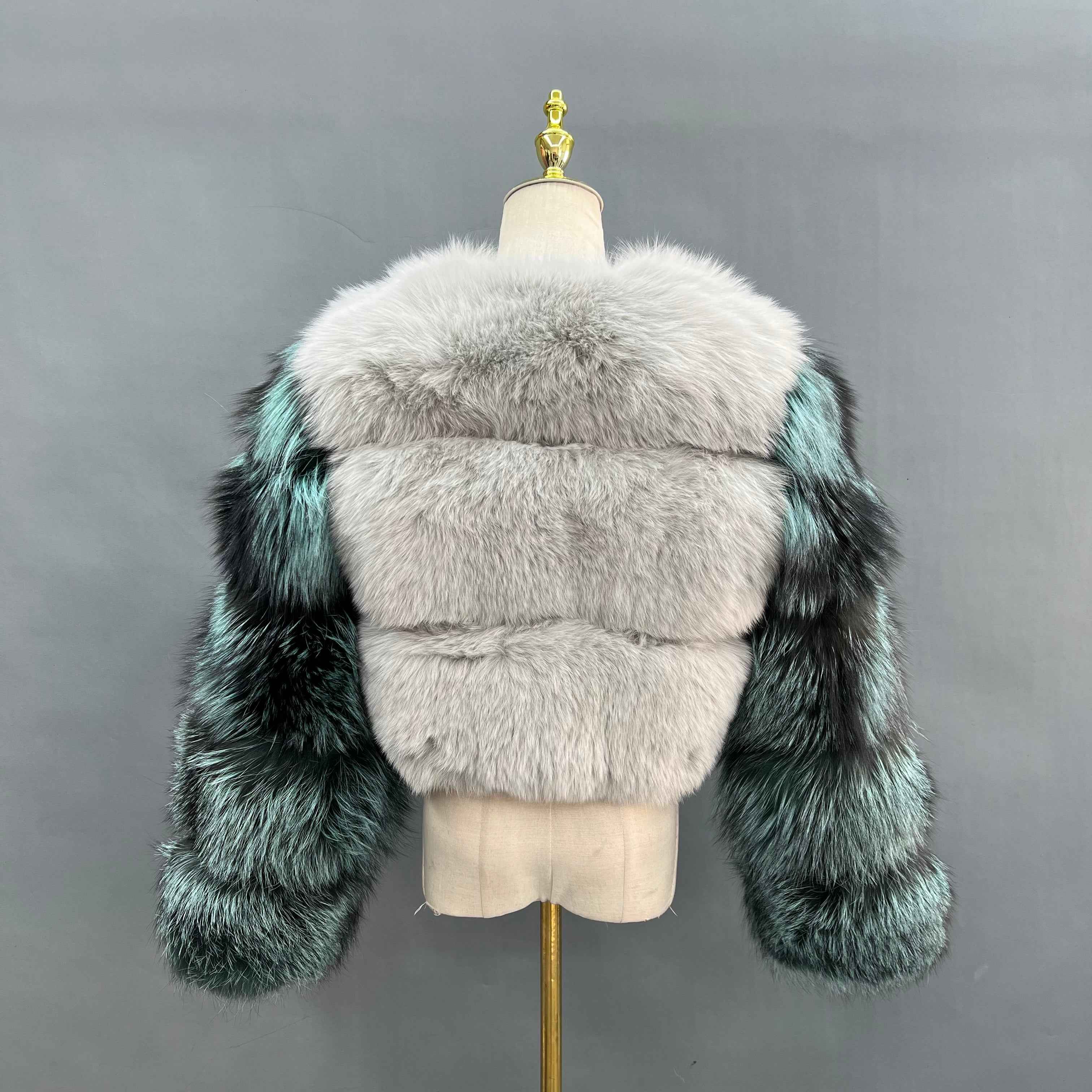 Women's Raccoon Fur & Fox Fur Coat – Luxury Mixed Fur Jacket, Short Winter Outerwear with White Collar and Blue Sleeve Trim